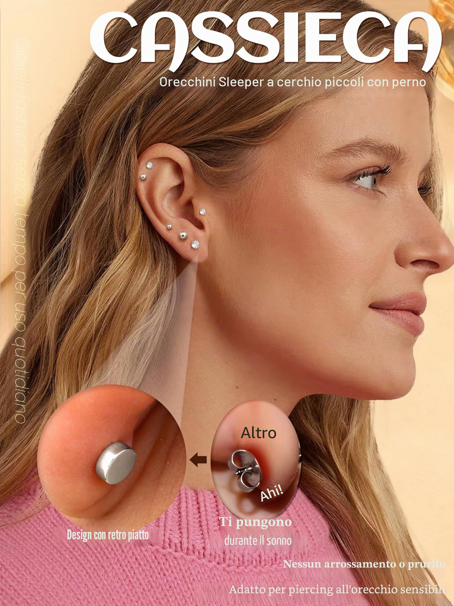 CASSIECA 12Paia Orecchini Acciaio Chirurgico Orecchini Anallergici Donna Uomo Argento Oro Piercing Orecchio Acciaio Chirurgico CZ Cartilagine Piercing