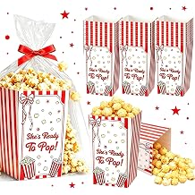 HCEWSBFD 50Pack-150Pcs She's Ready to Pop Popcorn Boxes Bulk 5.53.34" Clear Bags Ribbons Red Gingham Checkered Design "She's Ready to Pop" Baby Shower Gender Reveal Mom to Be Pregnancy Treat Holders