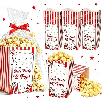 HCEWSBFD 50Pack-150Pcs Shes Ready to Pop Popcorn Boxes Bulk 5.53.34" Clear Bags Ribbons Red Gingham Checkered Design "Shes Ready to Pop" Baby Shower Gender Reveal Mom to Be Pregnancy Treat Holders