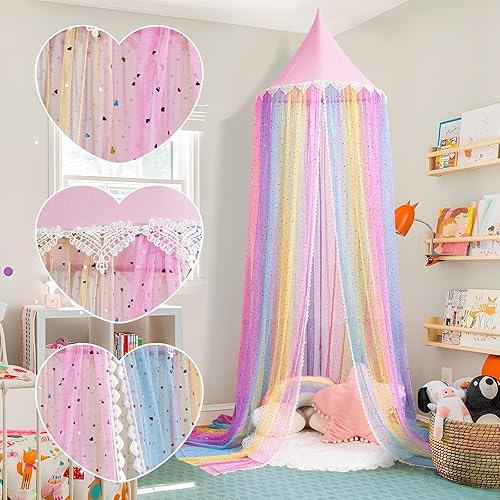 Miniatura 4 de MOOZHEALTH Toldo de cama para niñas, cortina de cama redonda con cúpula redonda de princesa con purpurina de nieve, tienda de campaña de ensueño,