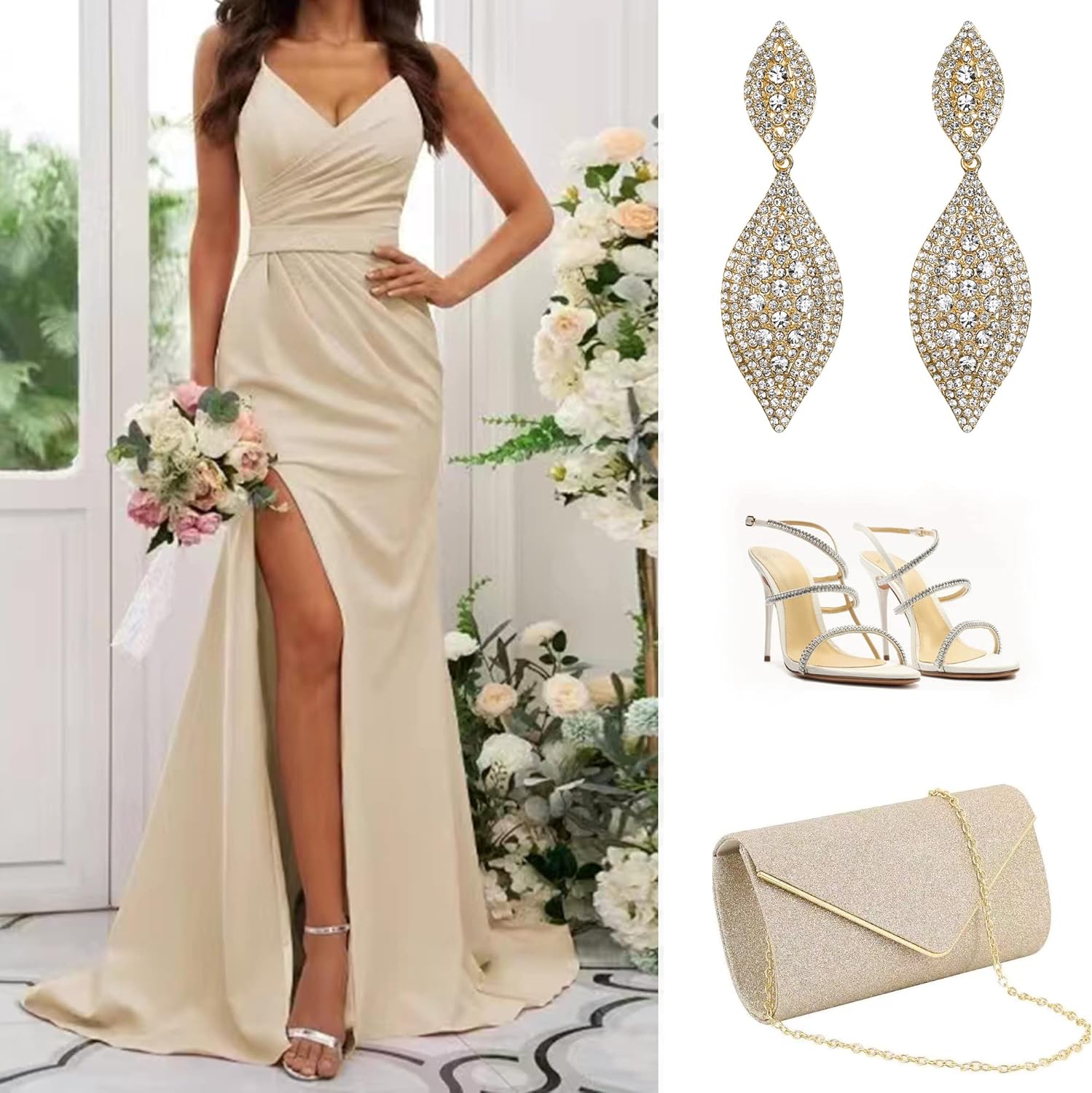 Flyonce Women's Rhinestone Crystal Wedding Bridal 2 Leaf Drop Dangle Chandelier Earrings - Image 6