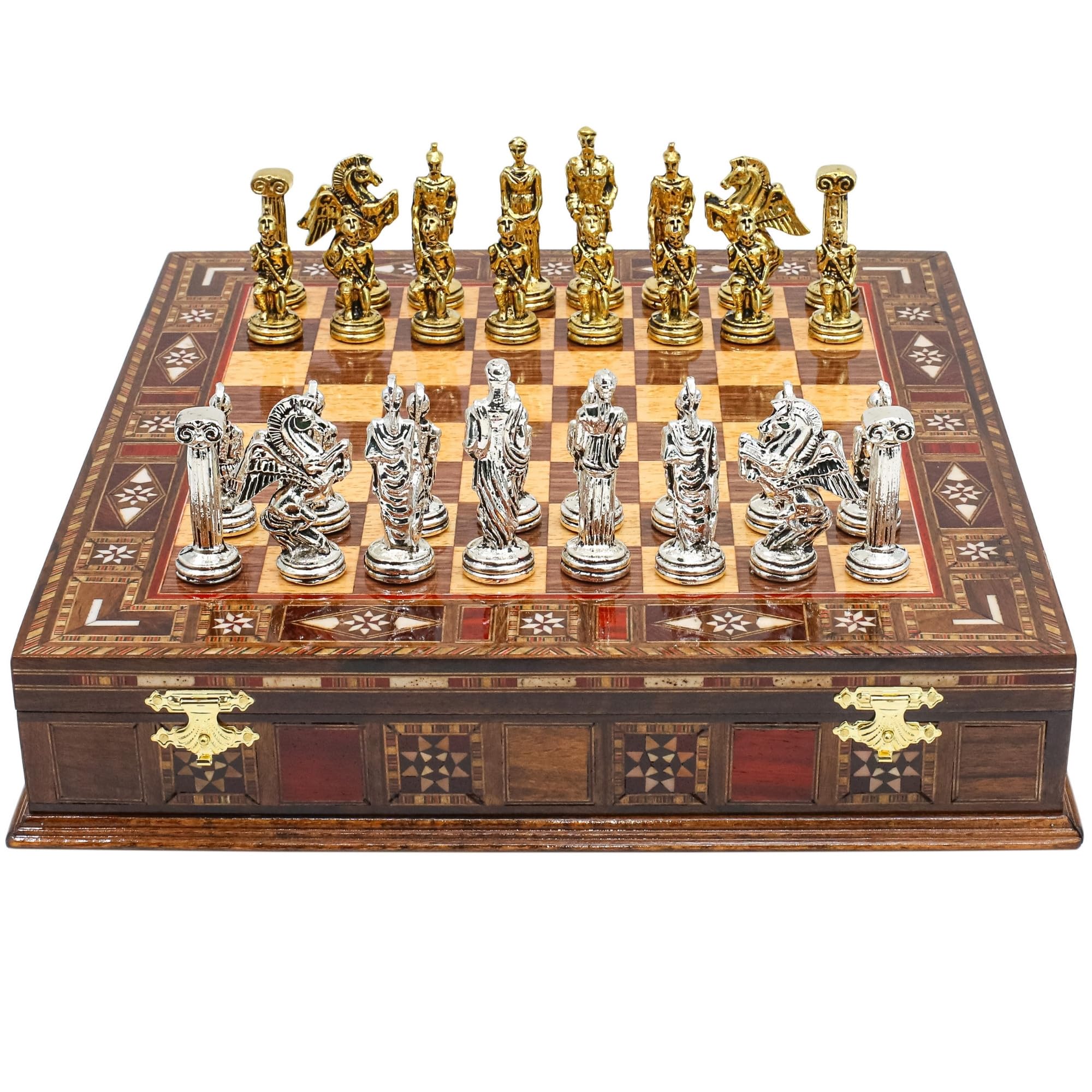 Handmade Storage Chess Set with Greek Mythology Pegasus Pieces | 12 Inch (30 Cm) | Historical Die Cast Metal Chessmen & Solid Wood Board…