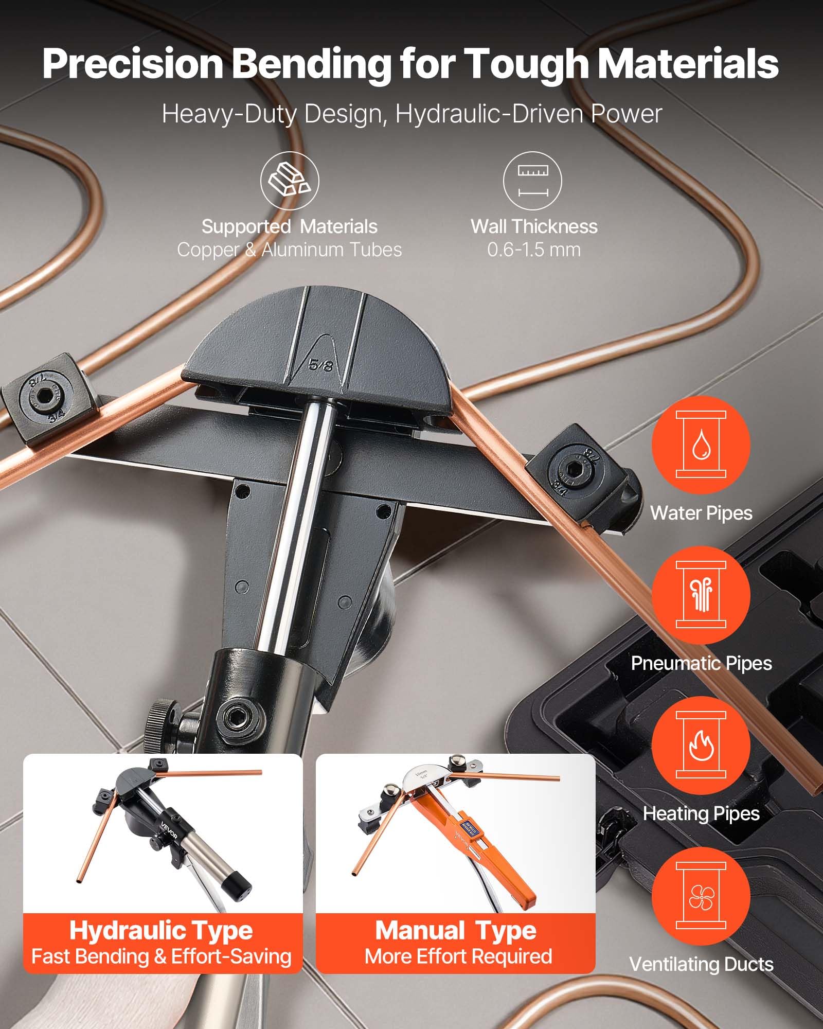 VEVOR Kit Piegatubi Idraulico 6-22mm Pinza Piegatrice Idraulica per Tubi in Rame, Set di Utensili per Piegatura HVAC Curvatura a 90° con 7 Matrici in Lega di Alluminio, per Riparazione di Automobili