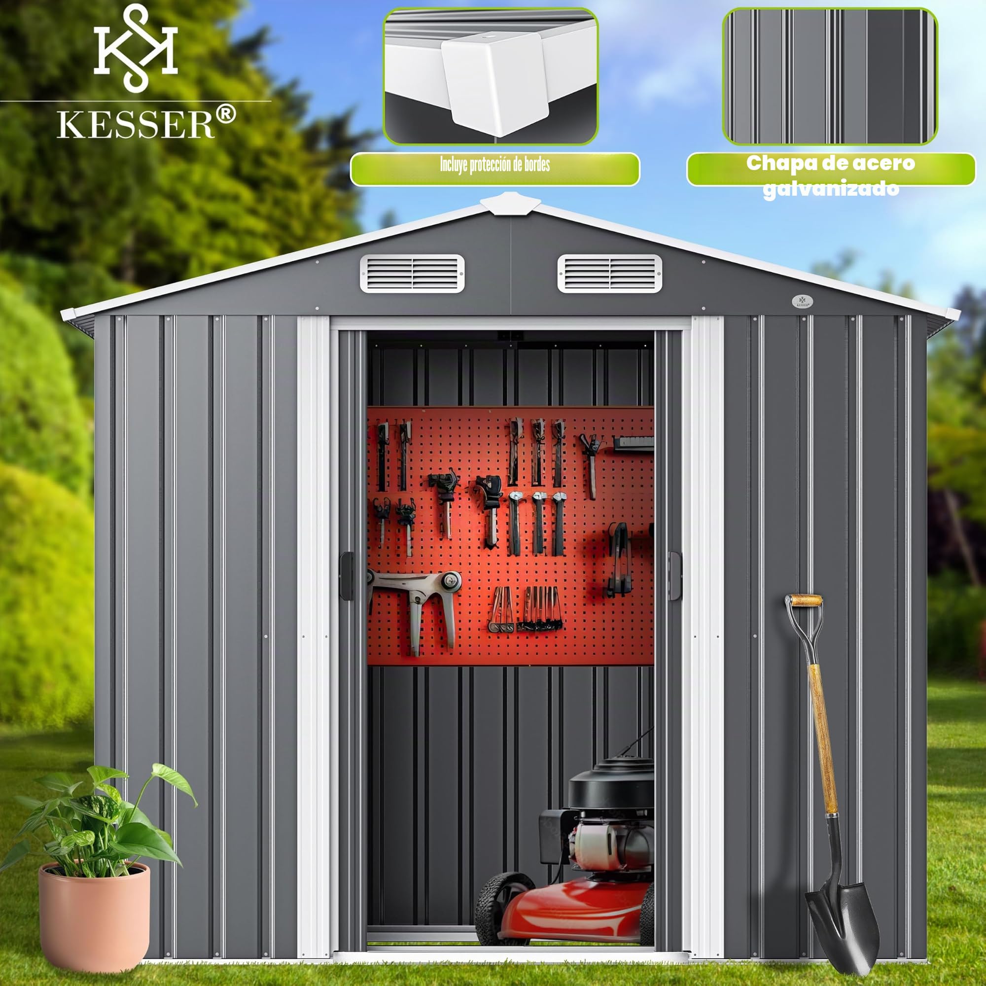 KESSER Cobertizo de Jardín XL de Metal 4,2 m³ con Base | con Guantes de Trabajo | 195 x 131 x 186 cm | 2 Puertas Correderas y Bases | Armario | Techo a Dos Aguas