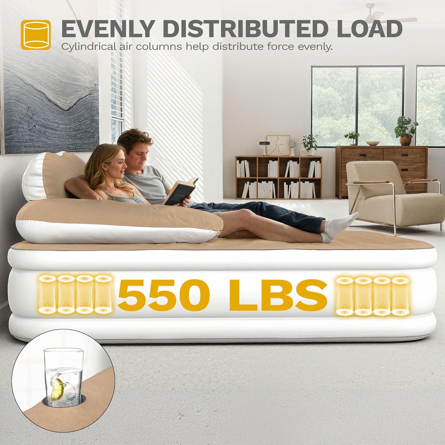 DWVO FullXL Size Air Mattress with Headboard & Cup Holders, Blow Up Bed with Built-in Pump & Carry Bag, Fast Inflation Air Bed for Home, Guests & Camping, 80" x 53" x 18", Brown
