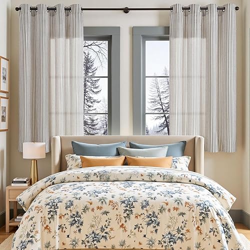 Miniatura 3 de Vangao Cortinas de mezcla de lino negras con estampado de rayas negras con estampado de rayas de color beige de 63 pulgadas de largo para sala de