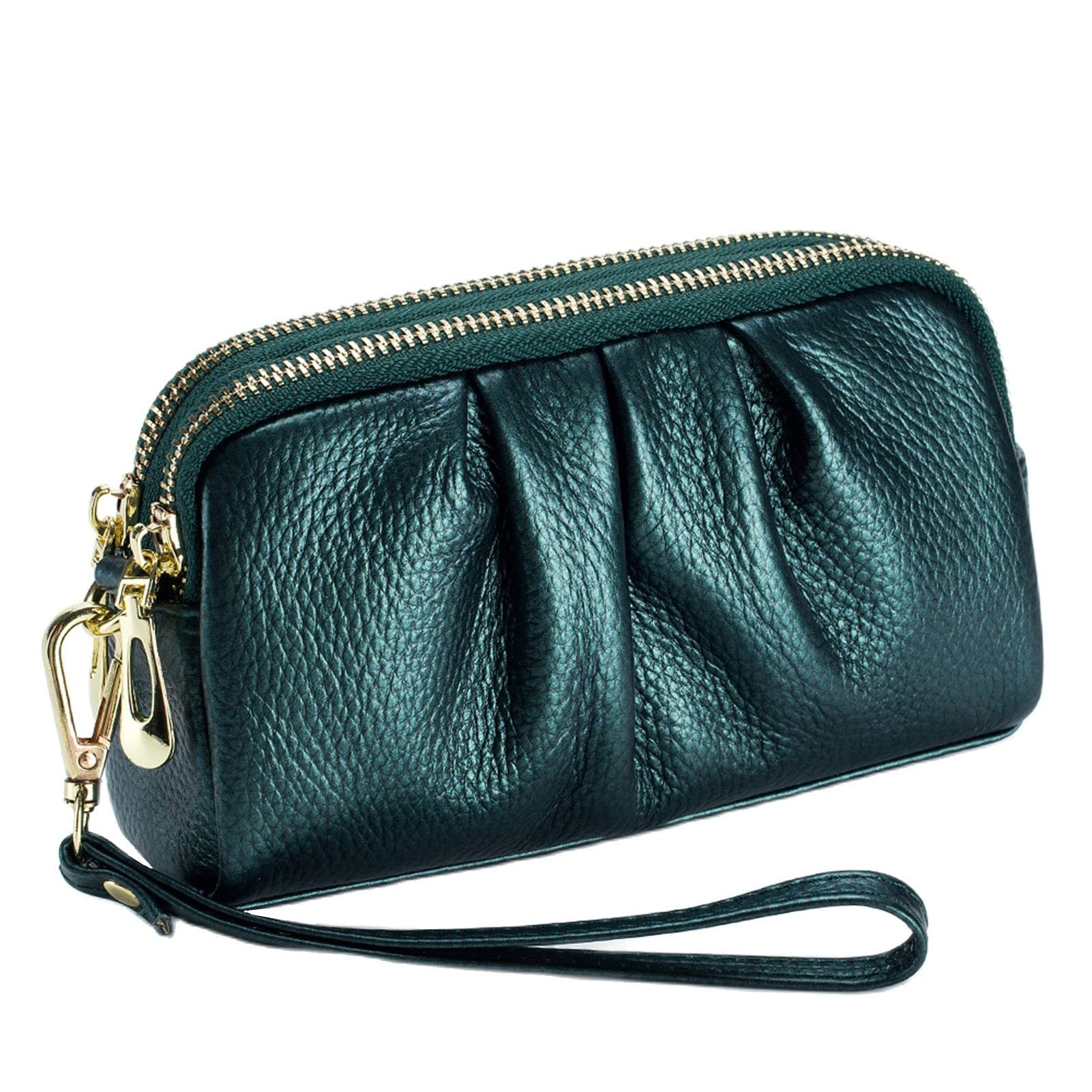 Yizelli Women's Pleated Leather Wristlet Clutch Bag Double Layer Zipper Purse Cell Phone Wallet