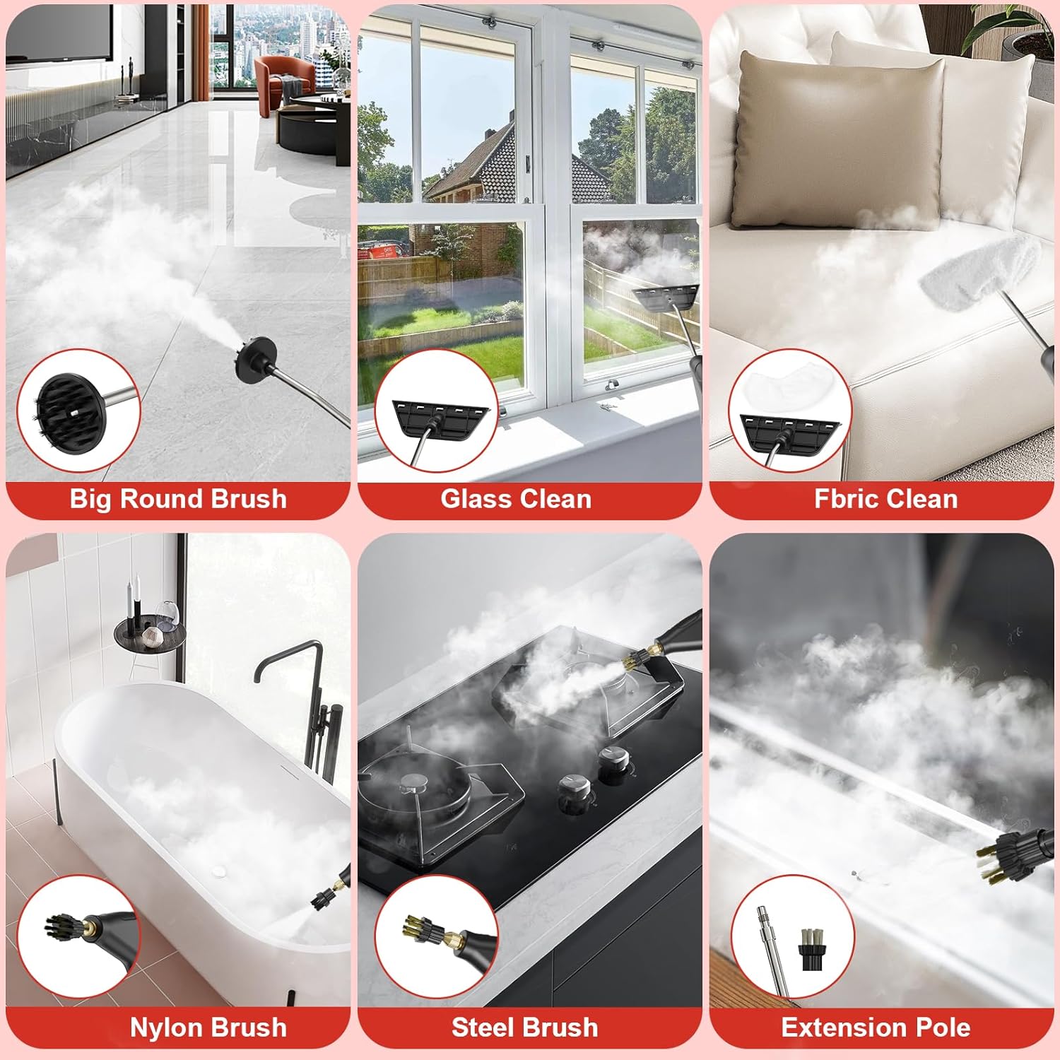 Steam Cleaner for Home, 15s Heat-Up, 1.2L Water Tank, 6-Level Adjustable Handle, Handheld Steam Cleaner for Car Detailing, Dirt, Furniture, Couch, Floor Tile, Bathroom, Bed Bugs, 9Pcs Accessories - Image 8