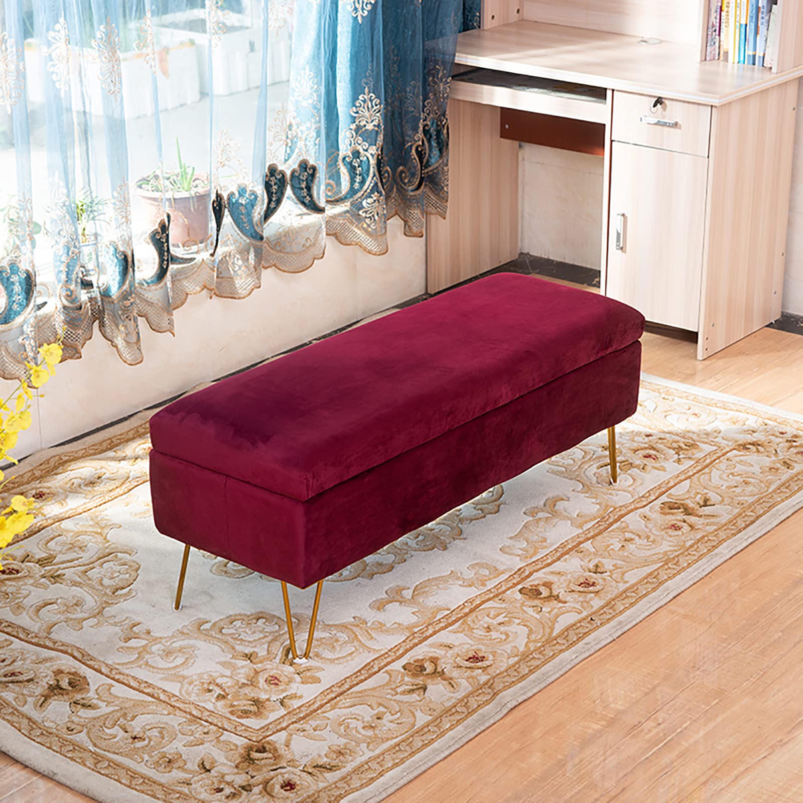 ZHANGshouf Velvet Storage Bench Ottoman with Tufted Footstool Red Upholstered End of Bed Settee for Living Room and Entryway 100x40x43cm