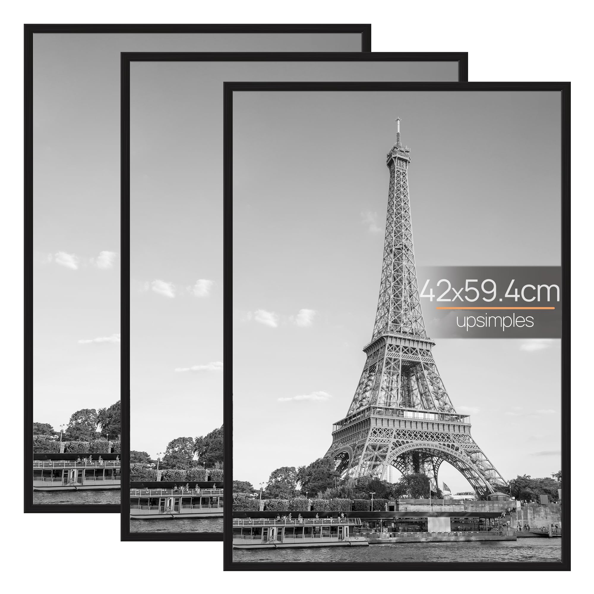 upsimples 3 Pack A2 Picture Frame, A2 Black Picture Frame for Photo Gallery - Slide-In Strips, Horizontal or Vertical Wall Mounting