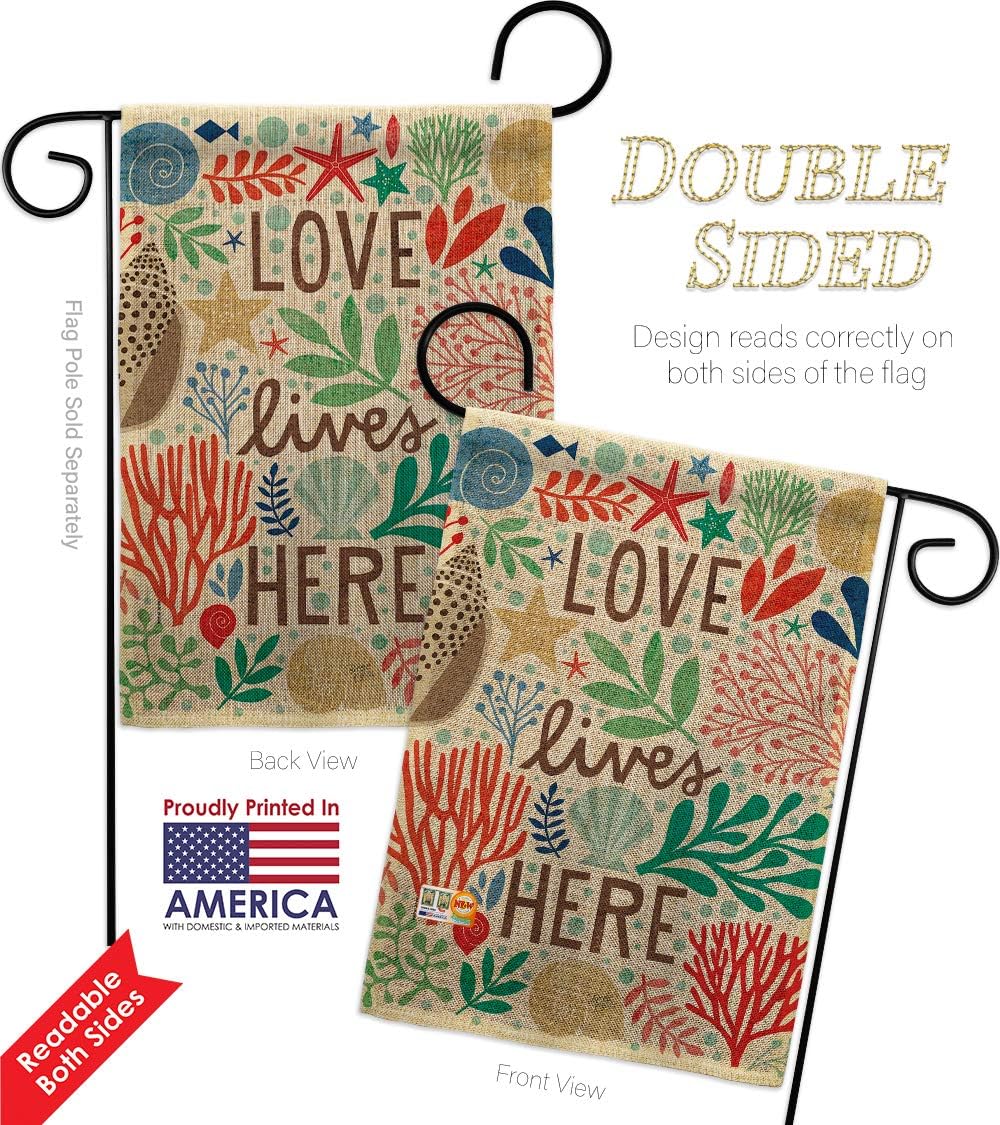 Love Lives Here Burlap Garden Flag Coastal Beach Tropical Sea Shells Ocean Sand Outdoor Summer Coral Small Decorative Gift Yard House Banner Double-Sided Made In USA 13 X 18.5