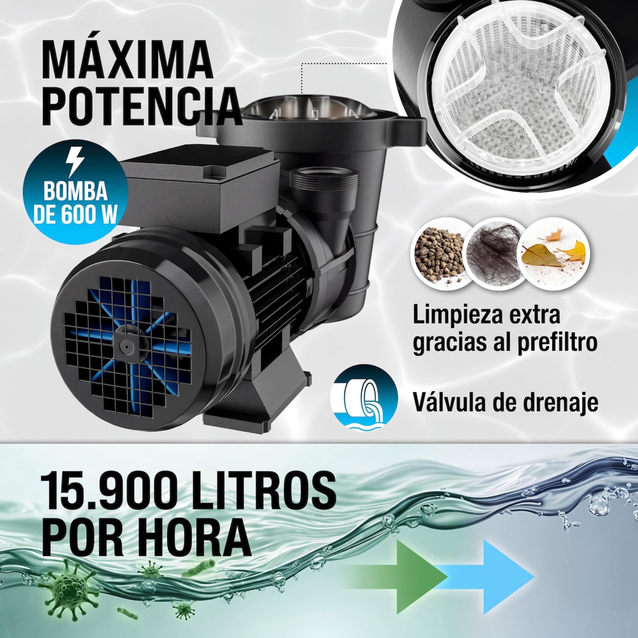 Monzana® Depuradora Piscina 15.900L/h Filtro de Arena hasta 70.000L Válvula 7 Funciones Filtrado 600W Adaptador Ø32-38mm Bomba Indicador de Presión