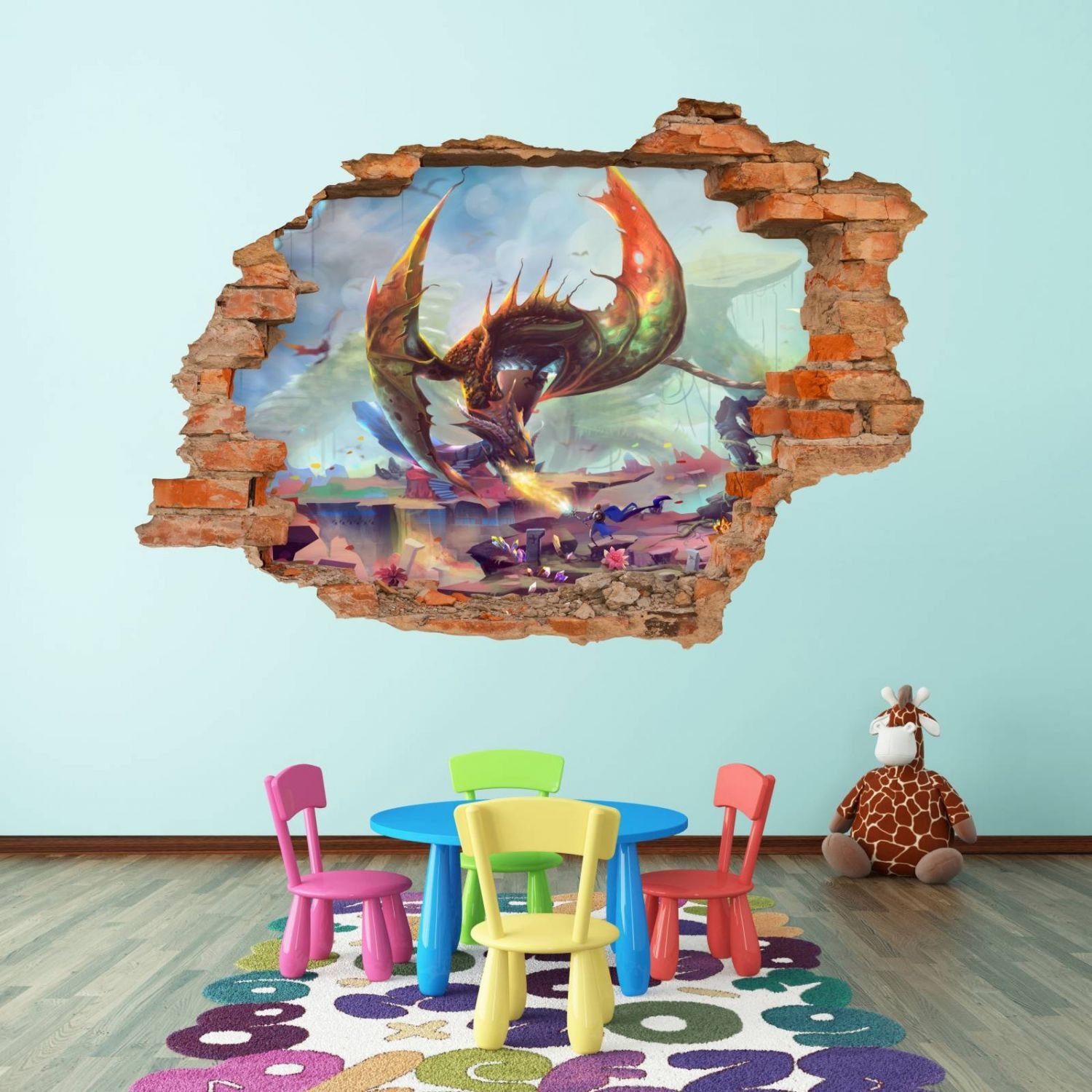 nikima 099 - Adesivo da parete, motivo: drago con 2 fiamme, ideale per la cameretta dei bambini, dimensioni 1250 x 870 mm