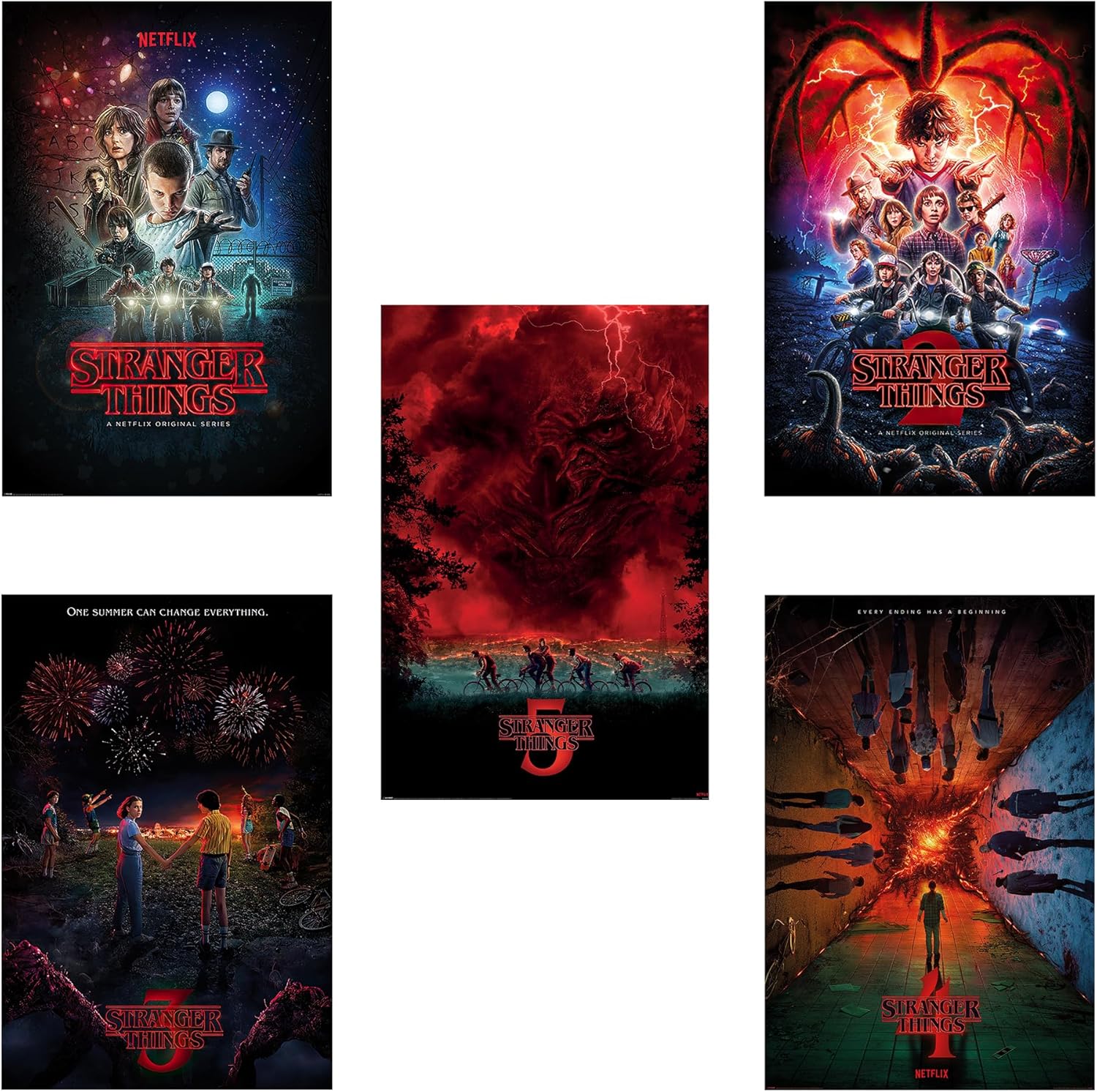 Stranger Things 1, 2, 3, 4 & 5 - TV Show Poster Set (Seasons 1, 2, 3, 4 & 5 - Regular Styles - Version 1) (Size: 24" x 36" each)