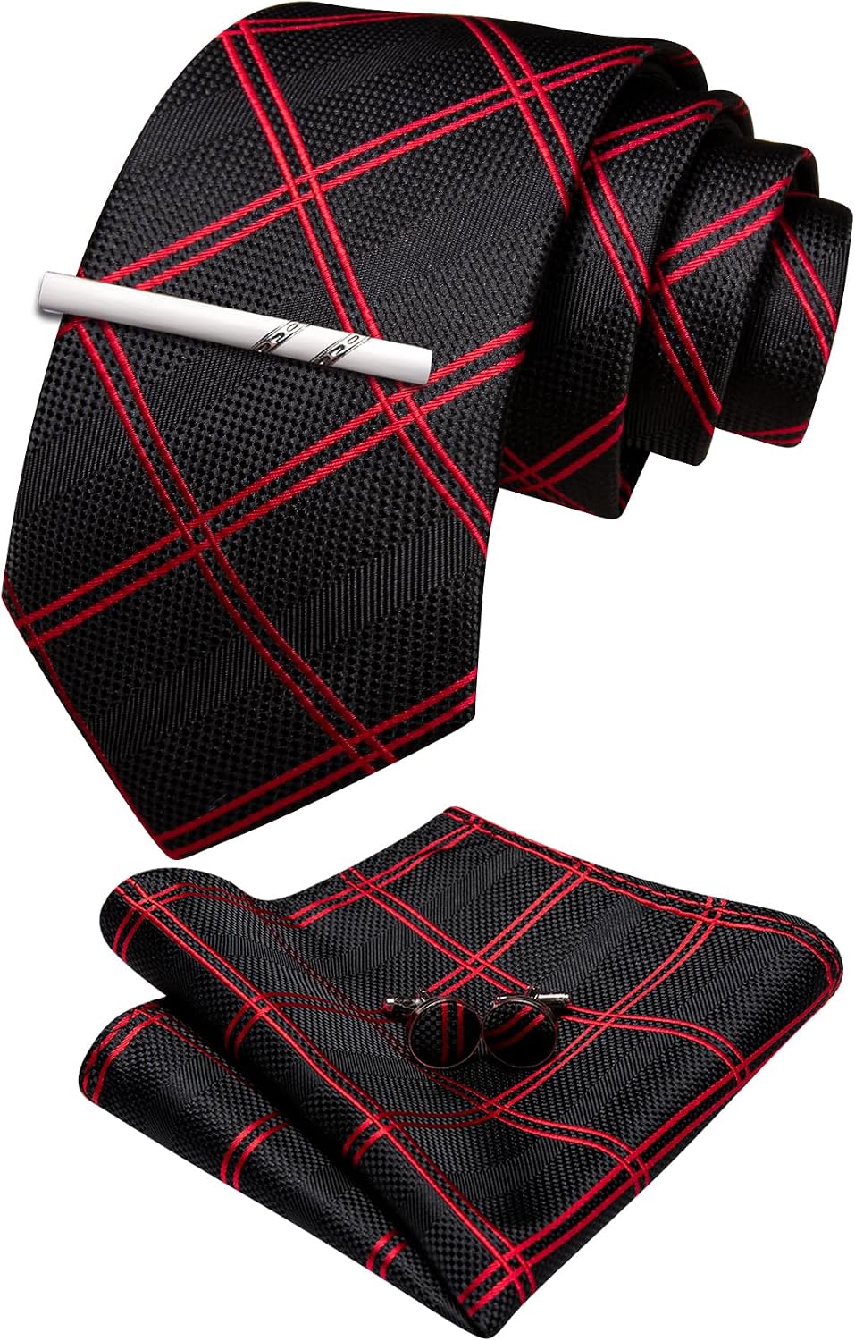 YOHOWA Extra Long Men Tie with Tie Clip Set Solid Plaid Silk Necktie Pocket Square Cufflinks Formal Wedding Party Business