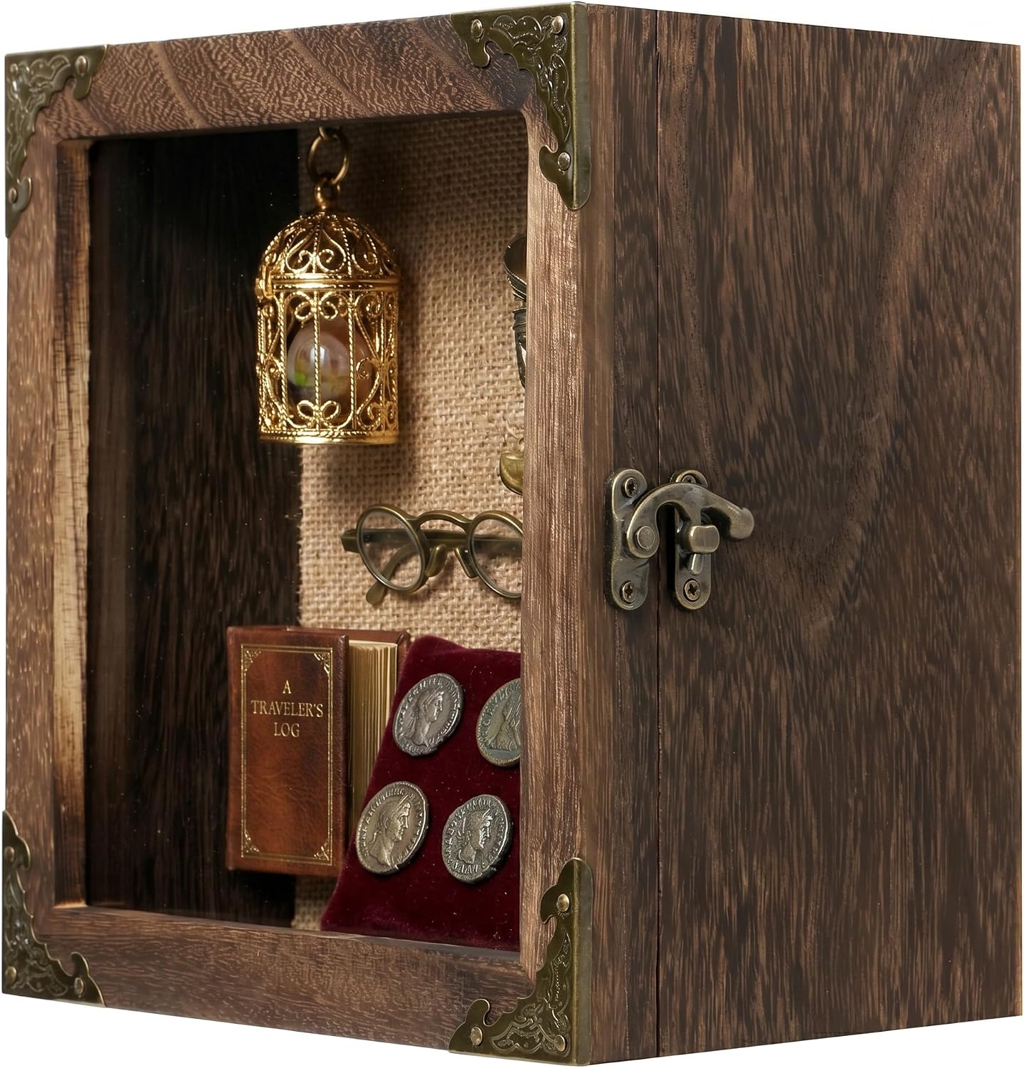 8x8 Deep Shadow Box Frame, 4.7" Depth Rustic Burnt Wood Display Case with Real Glass Door, Vintage Metal Corner Decor, Memory Box for Medals Photos Flowers Awards Wedding Keepsakes