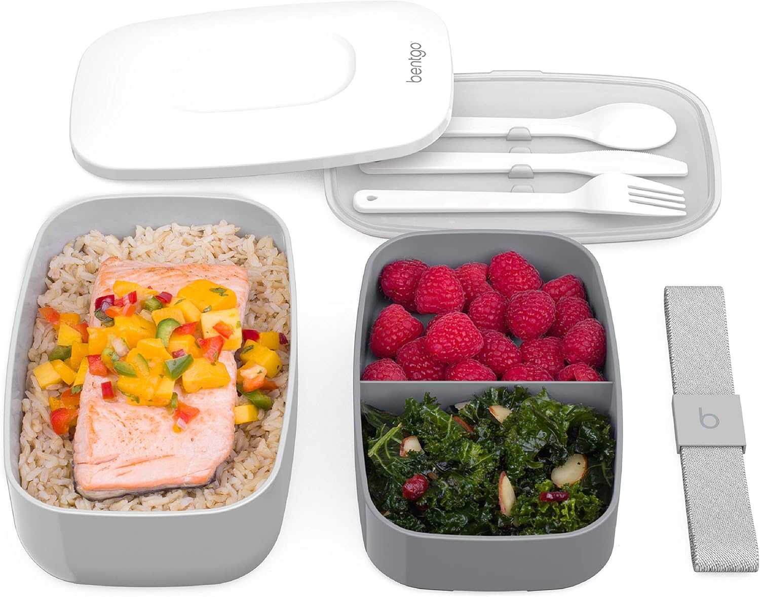 Bentgo Classic - All-in-One Stackable Bento Lunch Box Container - Modern Bento-Style Design Includes 2 Stackable Containers, Built-in Plastic Utensil Set, and Nylon Sealing Strap (Gray) : Everything Else