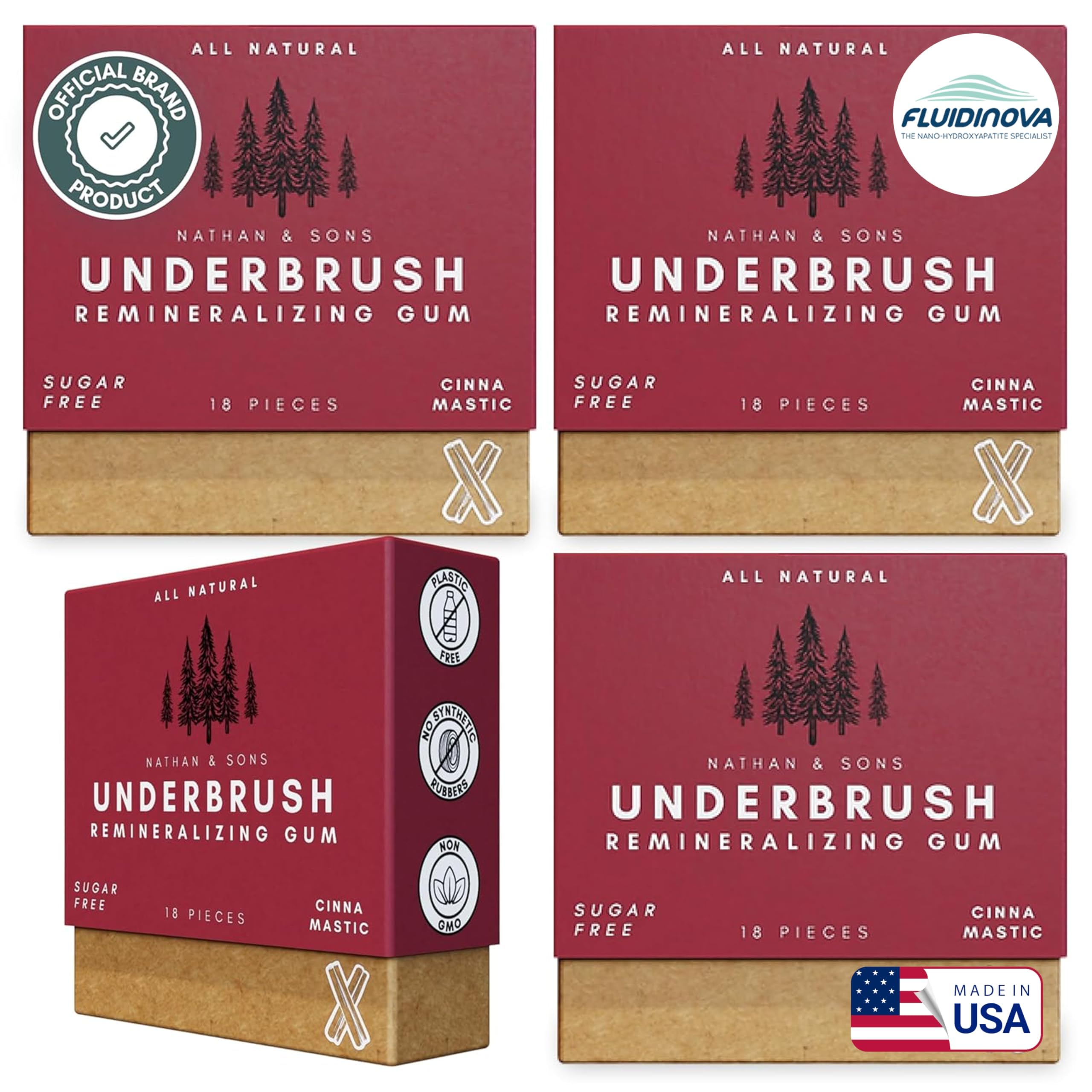 UnderBrush Cinna-Mastic Remineralizing Gum - Cinnamon Flavor – Sugar-Free Xylitol Gum with Hydroxyapatite – No Gluten, Sugar, Aspartame and Sucralose - Tree Sap Chewing Base – 4 Pack