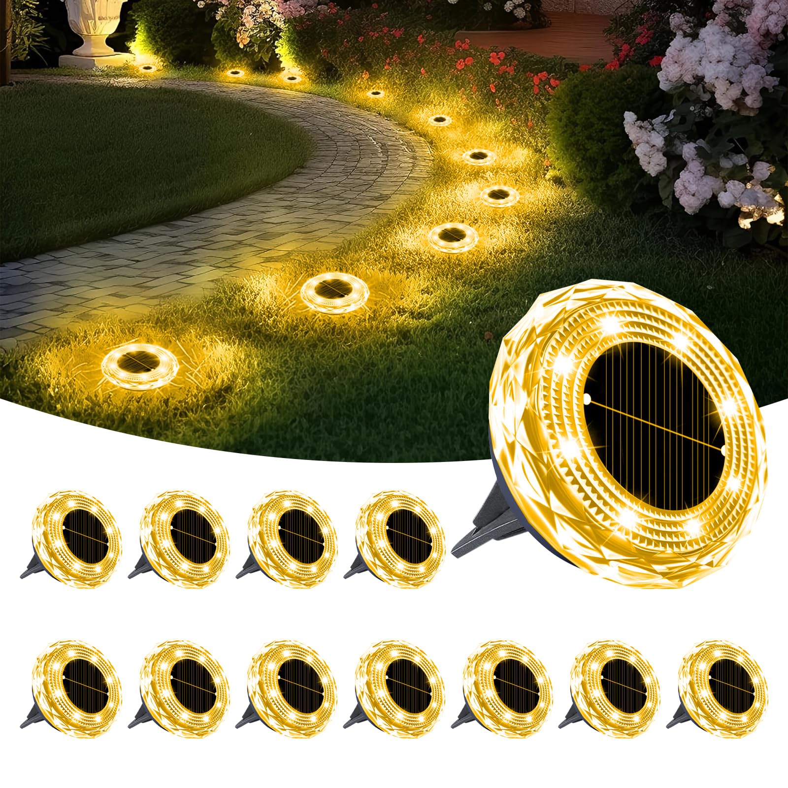 12 Luci Solari da Pavimento per Esterni, Luci Solari per Esterni da Giardino Ip65 Impermeabili, 8 LED Perle di Luce, per Vialetti, Cortili, Patii, Sentieri (Luce calda)