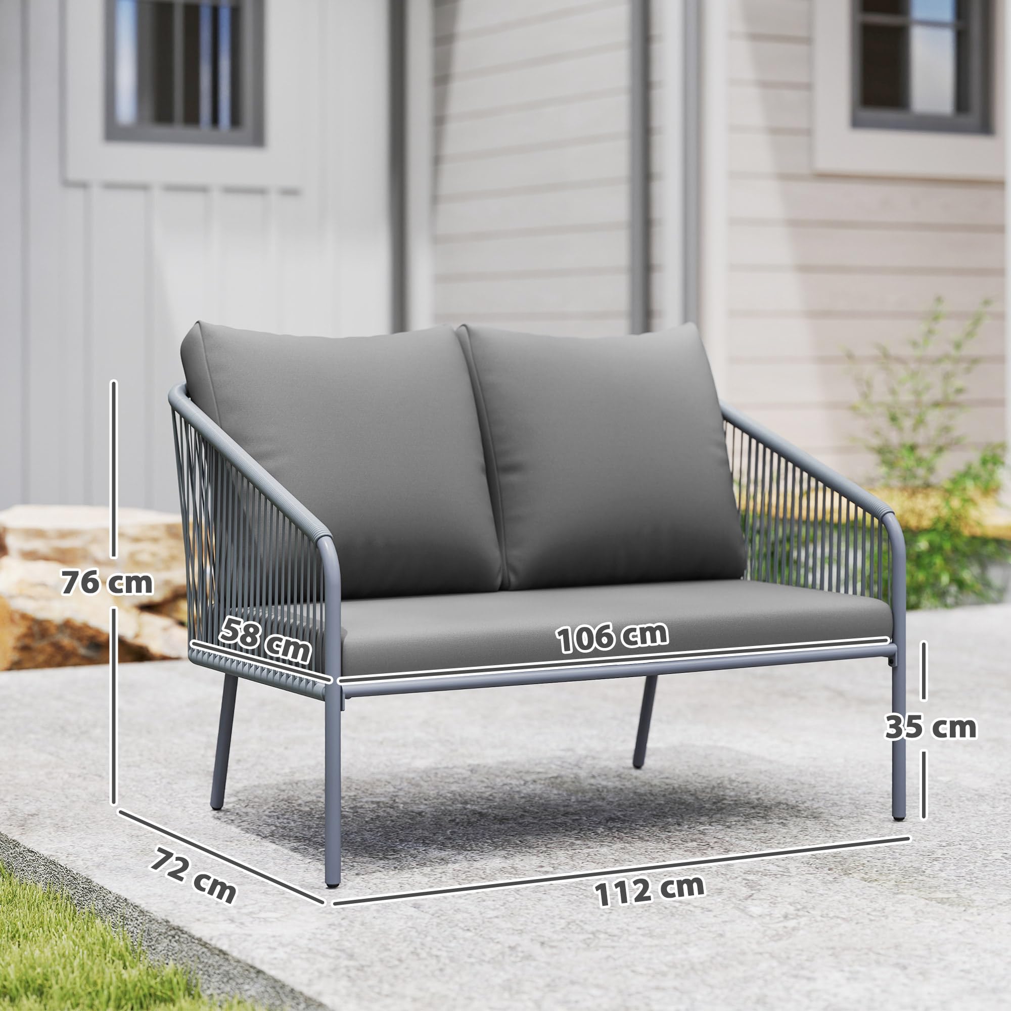 Outsunny Sofá Jardín con Cojines 2 Plazas Exterior 112x72x76 cm Gris | Sofá de ratán para balcón, muebles de patio de polirratán