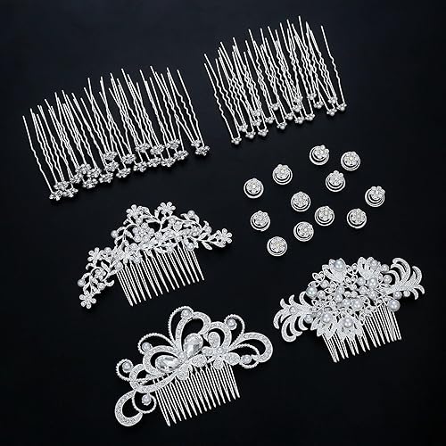 Miniatura 6 de Boao 56 piezas de accesorios para el cabello de novia para boda, perlas de cristal, peine para el cabello, clips de diamantes de imitación, flores