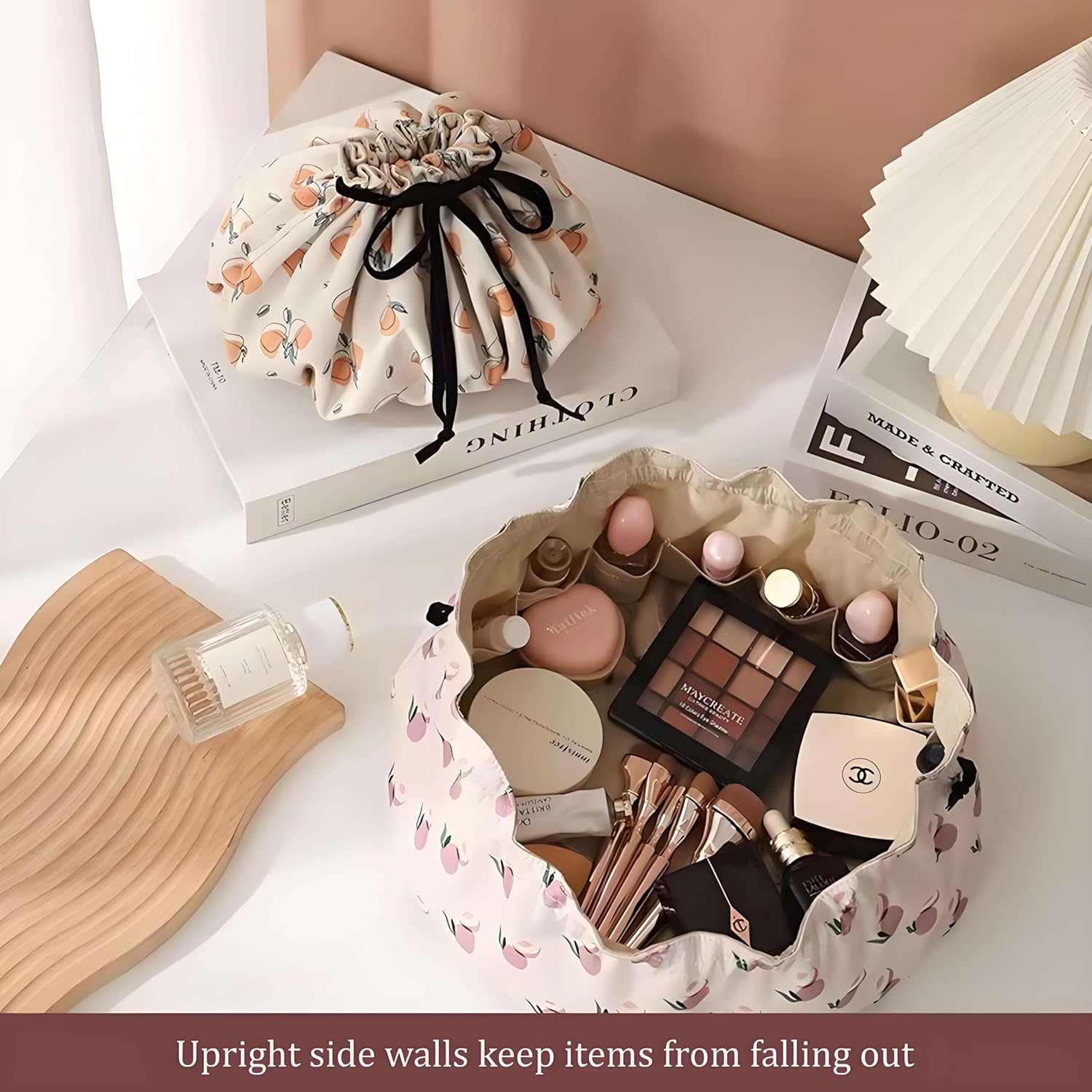 Large Capacity Drawstring Makeup Bag - Lightweight Oxford Fabric Cosmetic Organizer with Fruit Print, Travel Toiletry Pouch for Women & Beauty Lovers (Portable, Effortless Storage)(Peach powder) - Image 2