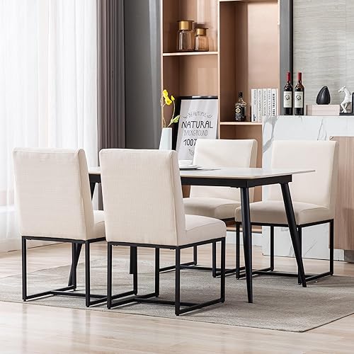 Vista 11 de Juego de 6 sillas de comedor modernas con fundas de asiento extraíbles, sillas tapizadas de lino para cocina y comedor con marco de metal negro