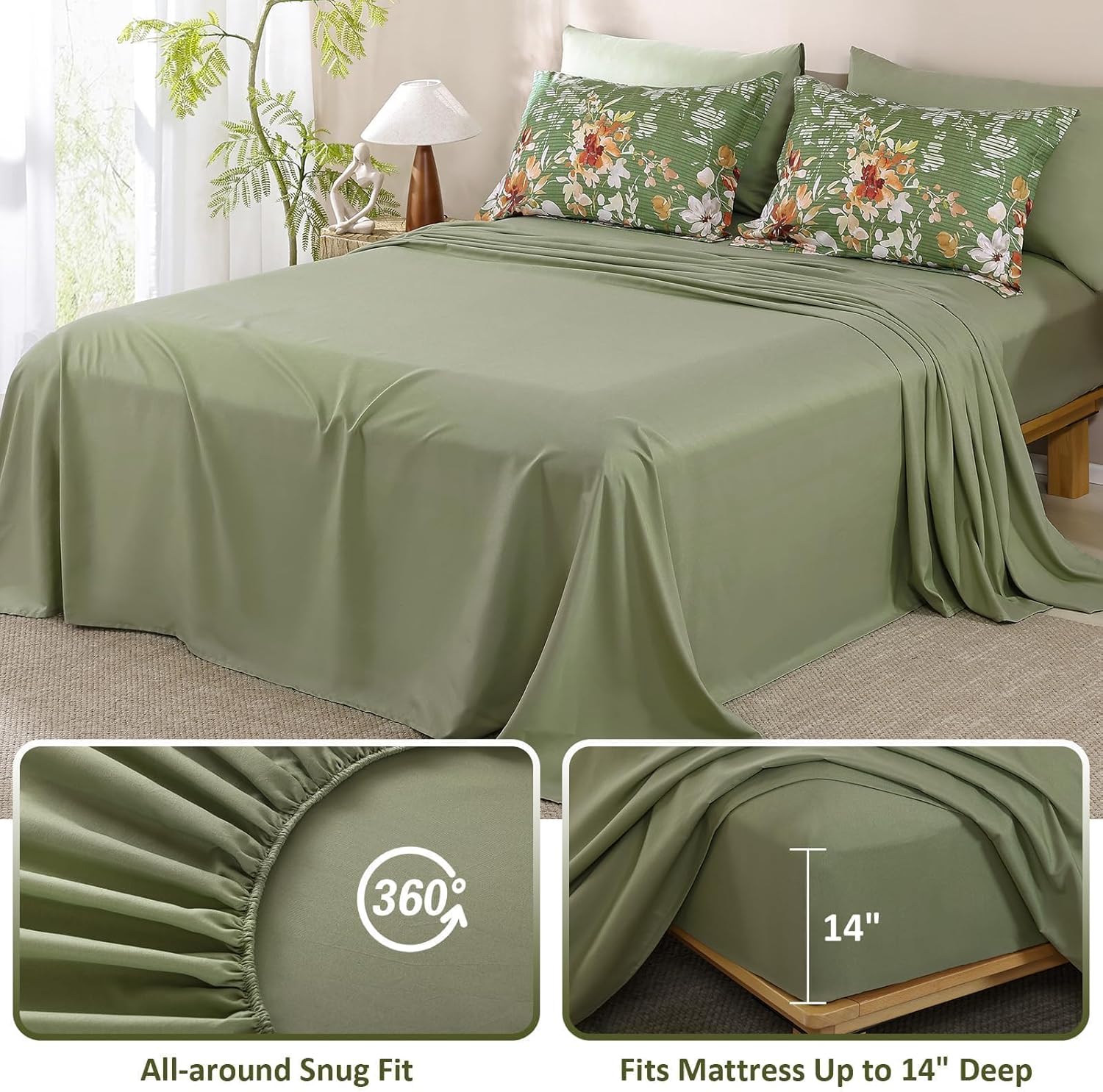 Dobuyly Floral Comforter Set Queen Size, 7 Piece Green Bedding Comforter Set, Bed in a Bag Botanical Flower Pattern with Sheets, Pillowcases & Shams All Season