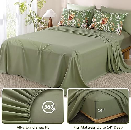 Miniatura 6 de Dobuyly Juego de edredón tamaño Queen, 7 piezas, juego de edredón floral verde, ropa de cama Queen en una bolsa con patrón de flores botánicas,