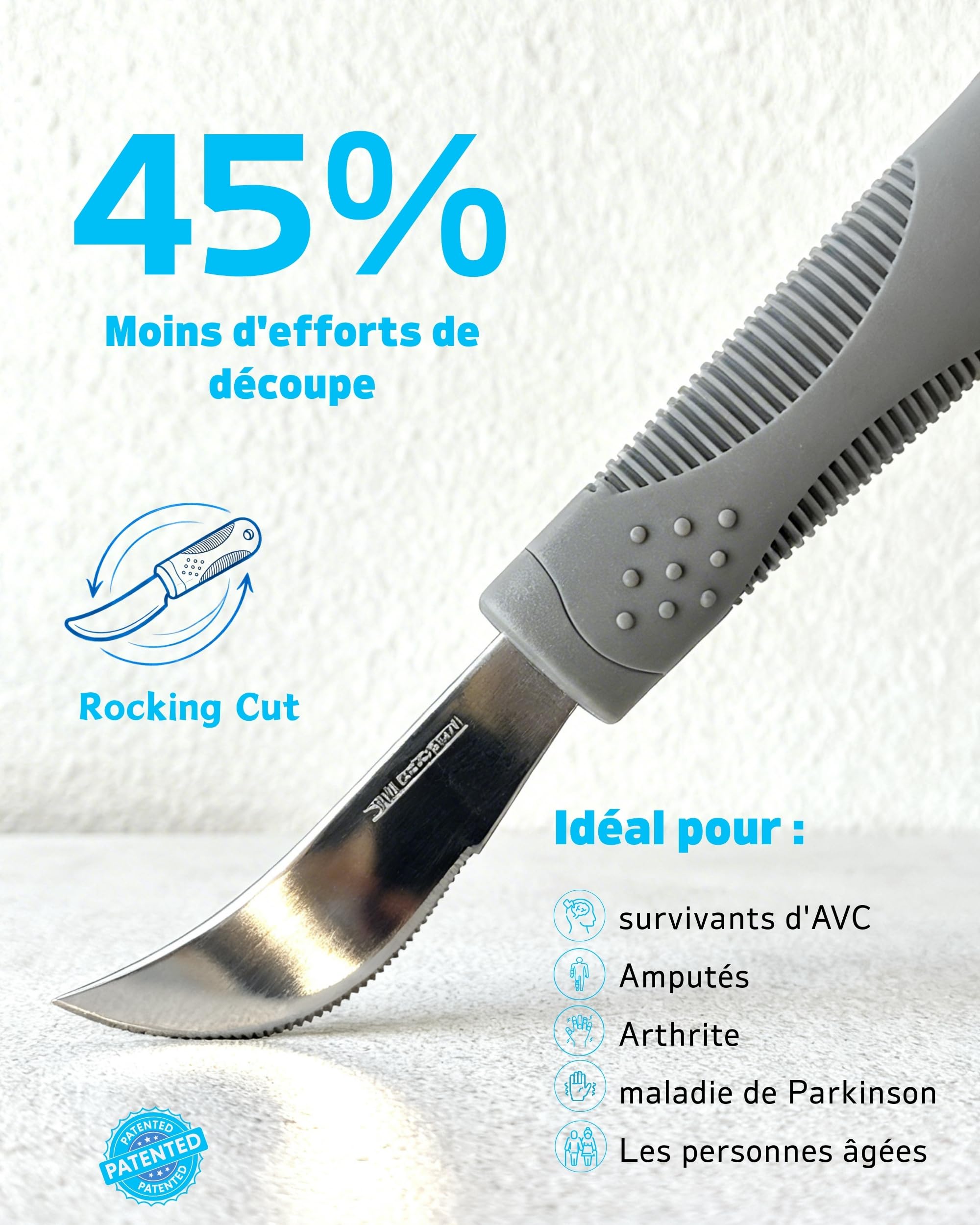 Set de couverts adaptés – Couverts lestés pour tremblements et Parkinson, couteau à bascule incliné à 42°et cuillère creuse, 71 g (gris, droitier)