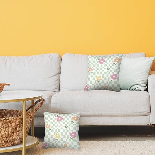 Miniatura 7 de Fundas de almohada de flores verdes a cuadros de 18 x 18 pulgadas, juego de 2 fundas cuadradas decorativas de verano para casa de campo para el