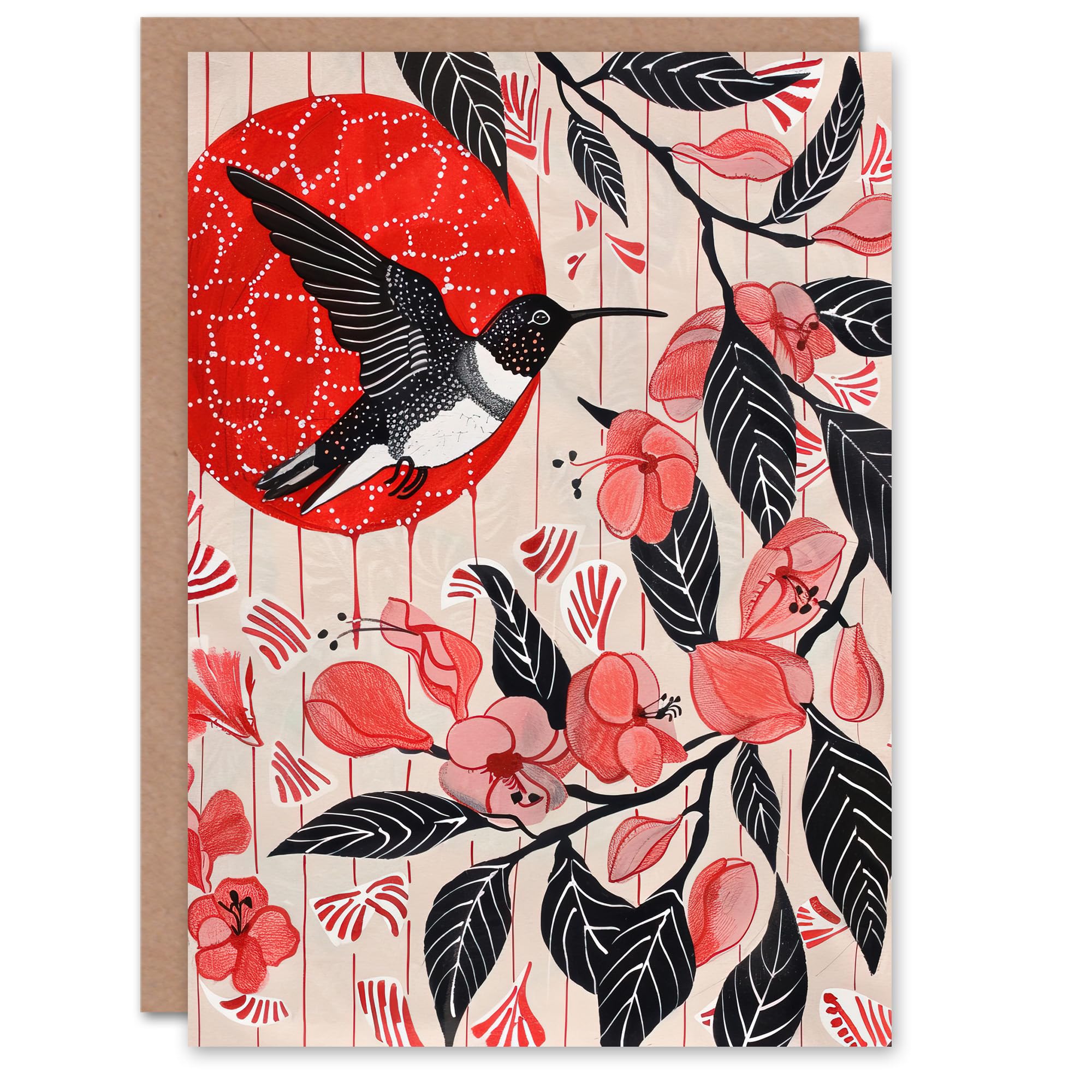 Artery8 Greeting Card Hummingbird and Cherry Blossoms Folk Art Painting For Her Woman Birthday Card