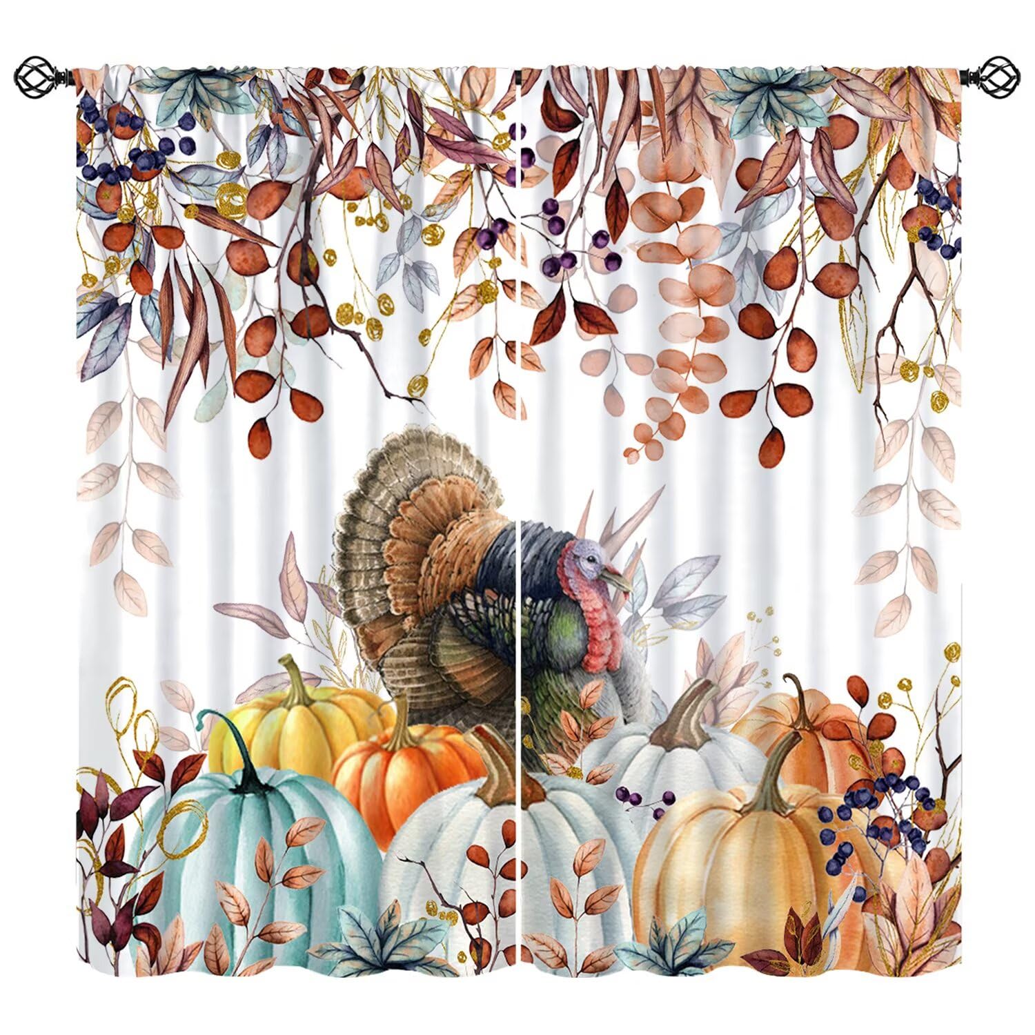Thanksgiving Turkey Fall Curtain Harvest Autumn Pumpkins Maples Window Treatment Rustic Boho Botanical Leaves Farm Farmhouse Drapes for Bedroom Living Room Kitchen W55xL63in