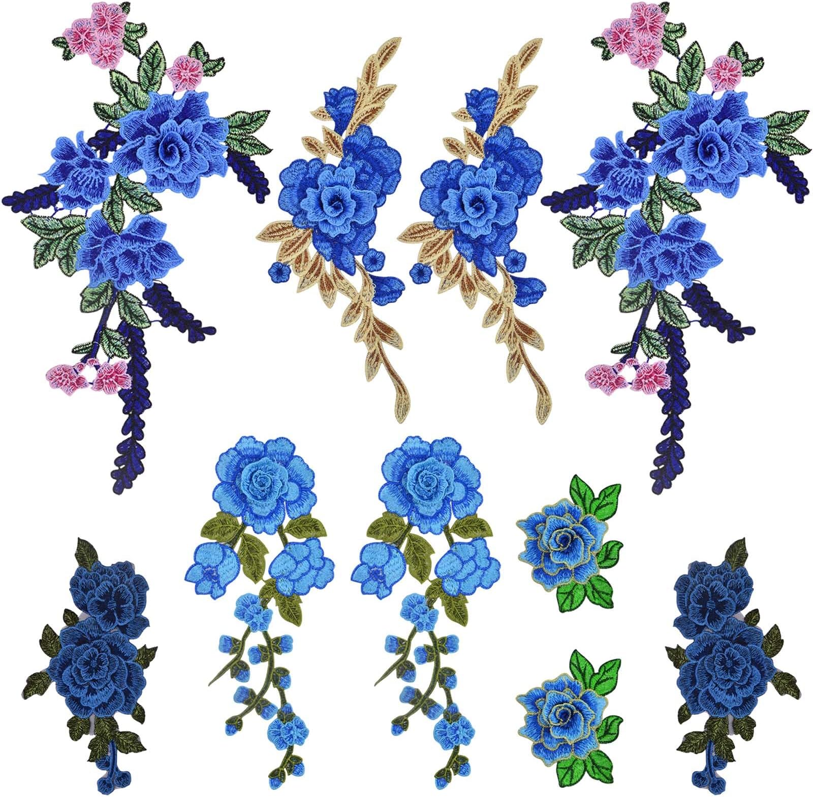10pcs(5 Pairs) Blue Embroidered Flower Sew On Patches Floral Flower Embroidery Appliques Decorative Patches for DIY Jeans Hat Bag Clothes Sewing Art Crafts, 5 Styles