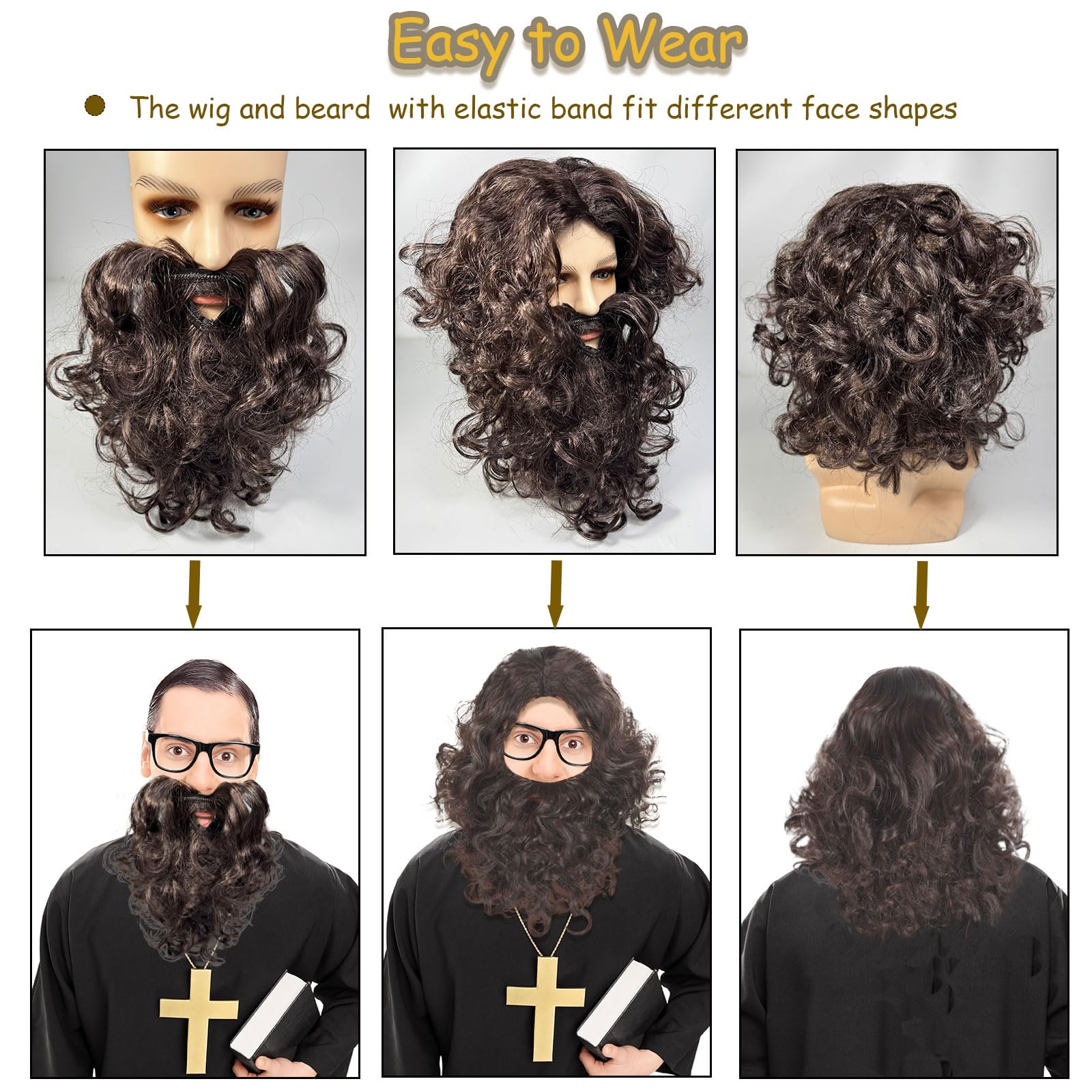 FOUNSHO Long Wig and Beard Adults Dark Brown Curly Wig for Halloween Carnival Wizard Fancy Dress Party - Image 4