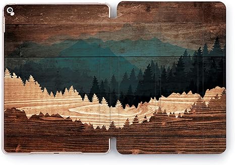 Wonder Wild Case Compatible with iPad Board Forest Design Pro 9.7 11 Mini 1 2 3 4 5 6 5 Air 2 10.5 12.9 11 10.2 5th 6th Gen Hard Cover Wooden Trees Pine Timberland Wood Silhouette Panel Dark