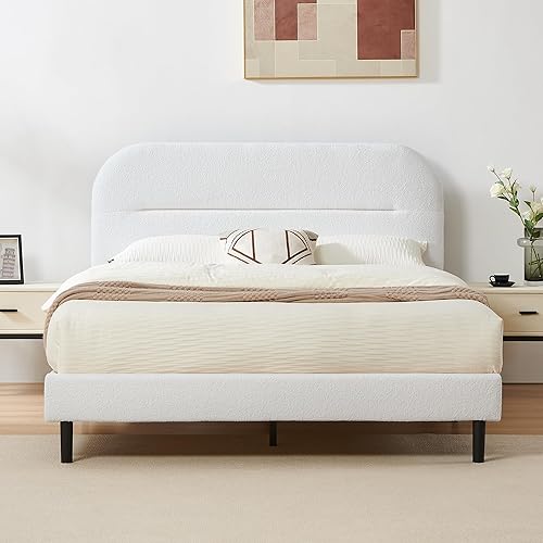 Miniatura 9 de Base de cama de tamaño matrimonial, marco de cama tapizado de tela suave de Teddy Boucle con cabecera ajustable, marco de cama de plataforma con