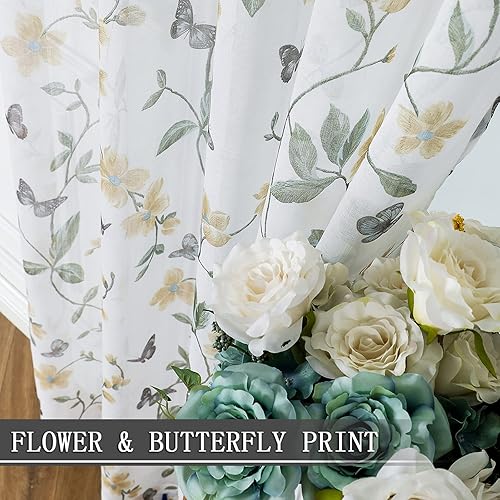 Miniatura 3 de Tollpiz - Cortina floral transparente, con diseño de mariposas y flores para dormitorio, cortina para ventana de lino sintético con barra para