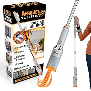 Aerojet Sweeper- Rocket Cordless Air Broom- Rechargeable Lightweight Power Blower for Indoor & Outdoor, Lawn Care, Patio, Driveway, Turf & Garage- Adjustable Pole, Ergonomic Handle, Battery & Charger