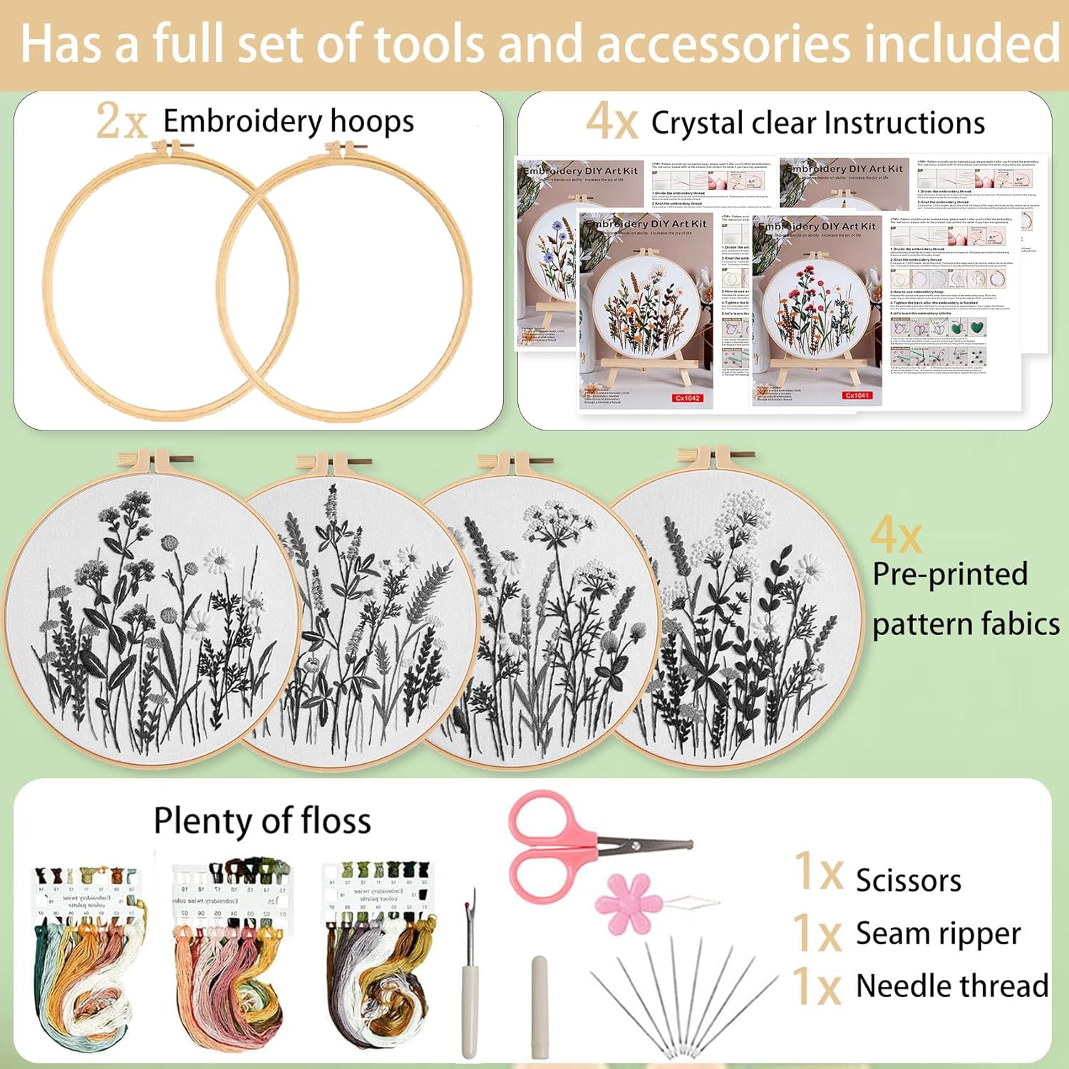Ohcol 4 Sets Embroidery Kit for Beginners Cross Stitch Kits Needlepoint Kits Crafts for Adults with 2 Embroidery Hoops Easy-to-Follow Operating Instructions,Needle Point Kits with Flowers Patterns