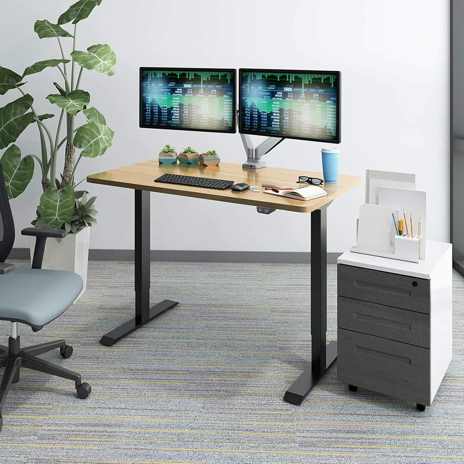 FLEXISPOT Height Adjustable Desk, Electric Sit Stand Desk Home Office Table Standing Desk (60x24 Black+Maple 2 Packages)