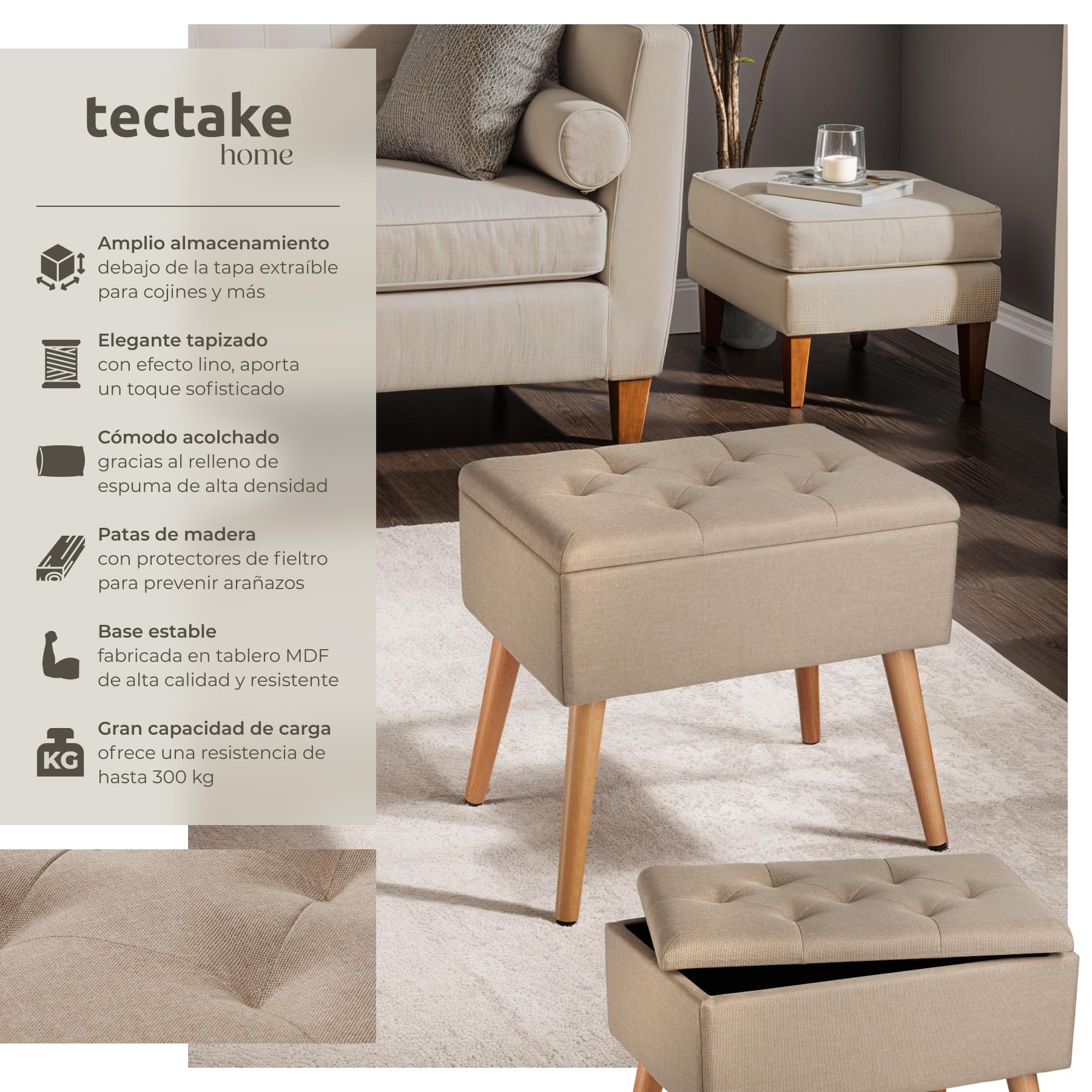 tectake® Puff Almacenaje Dormitorio con Diseño Elegante Efecto Lino, Banco con Almacenaje Práctico, perfecto Taburete Tocador, Puff Reposapies o Banqueta Dormitorio - 51 x 37,5 x 45,5 cm Arena