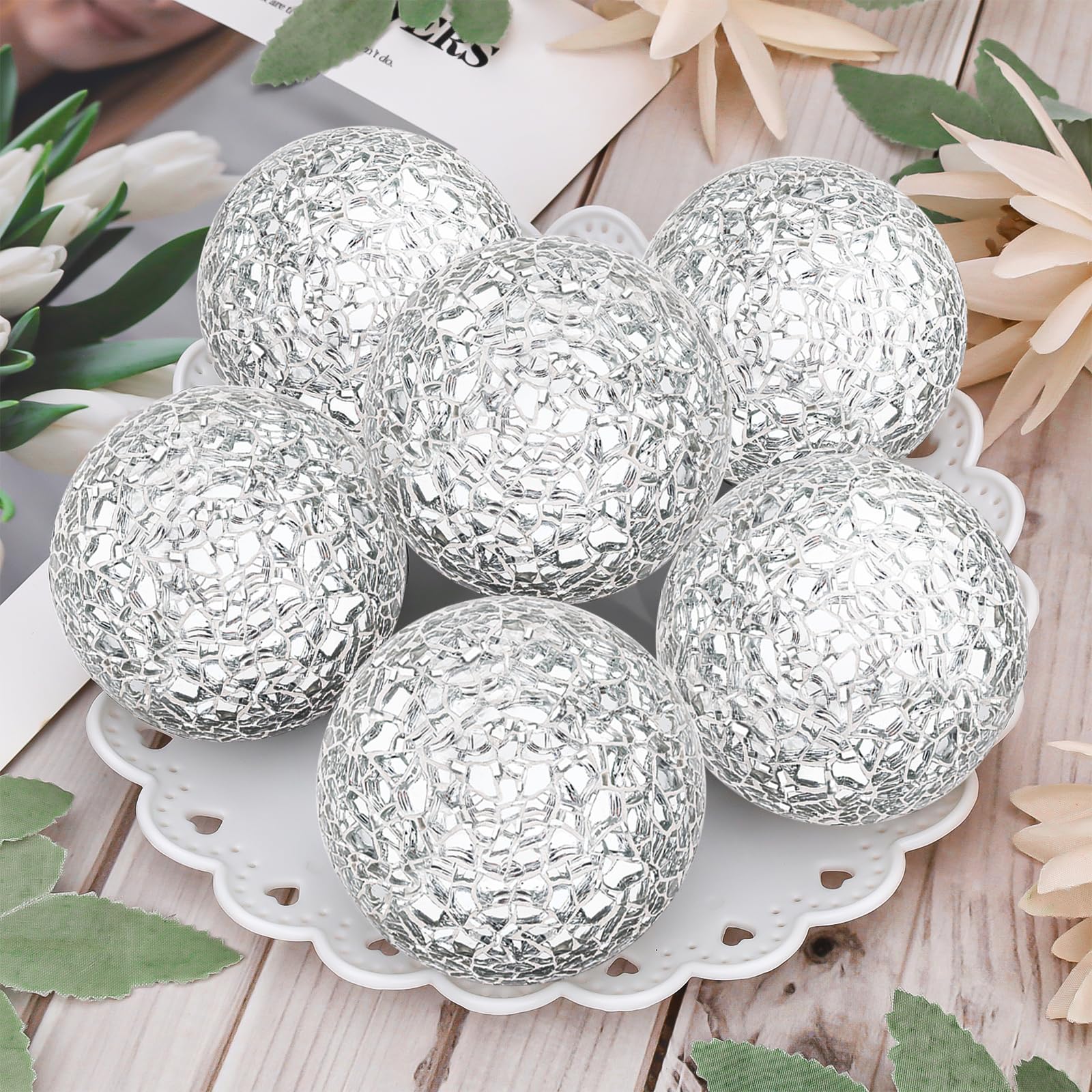 Palline a mosaico in vetro solido 6 pezzi/6 cm sfera in vetro specchio scoppiettante palle tavolino set vasi gruppo decorativo - argento