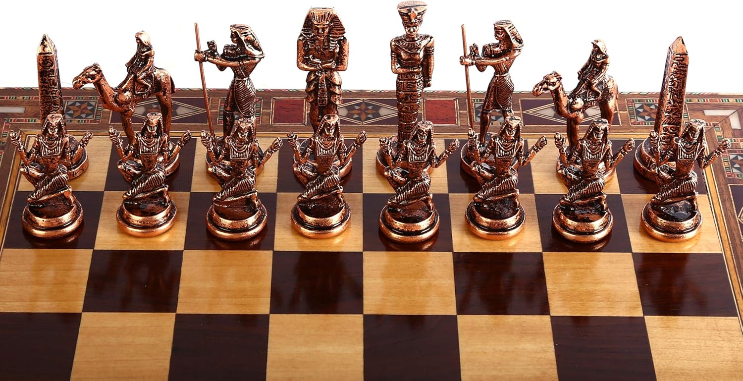 Egypt Pharaoh Antique Copper Figures Metal Chess Set for Adults Handmade Pieces and Natural Solid Wooden Chess Board with Pearl Design Around Board and Storage Inside King 3.4inc