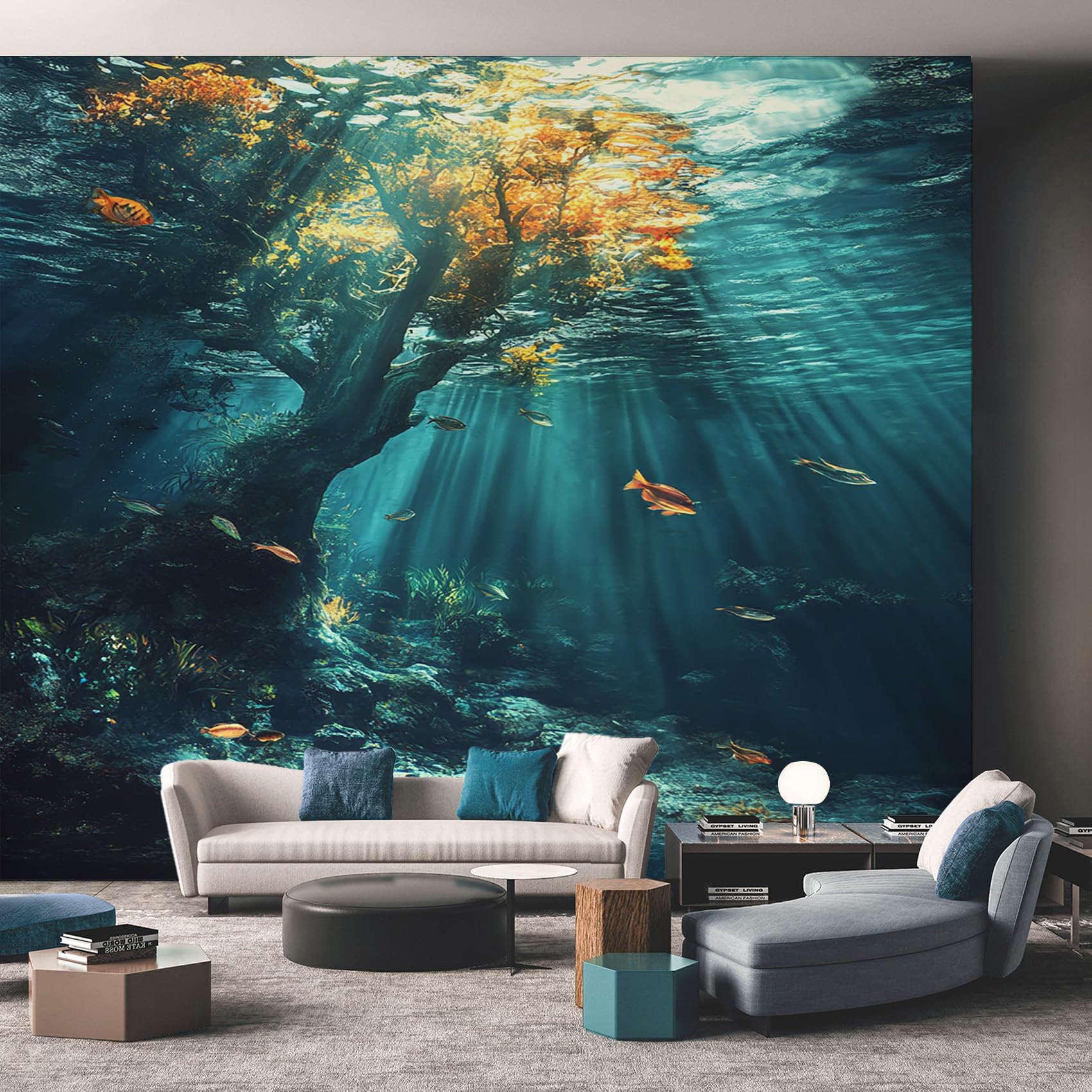 Papier peint intissé aquarium sous-marin pour créer un mur TV évasion au salon