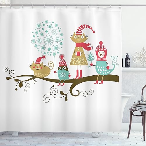 Miniatura 37 de Ambesonne Cortina de ducha de Navidad, estilo retro, palabras de deseos de Navidad con forma de árbol con adornos, juego de decoración de baño de