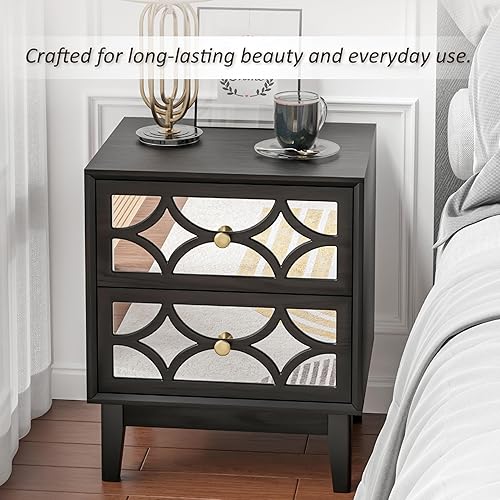 Miniatura 3 de COZAYH Modern 2 Drawer Nightstand with Mirrored Fronts, Elegant Geometric Pattern Bedside Table for Bedroom, Black