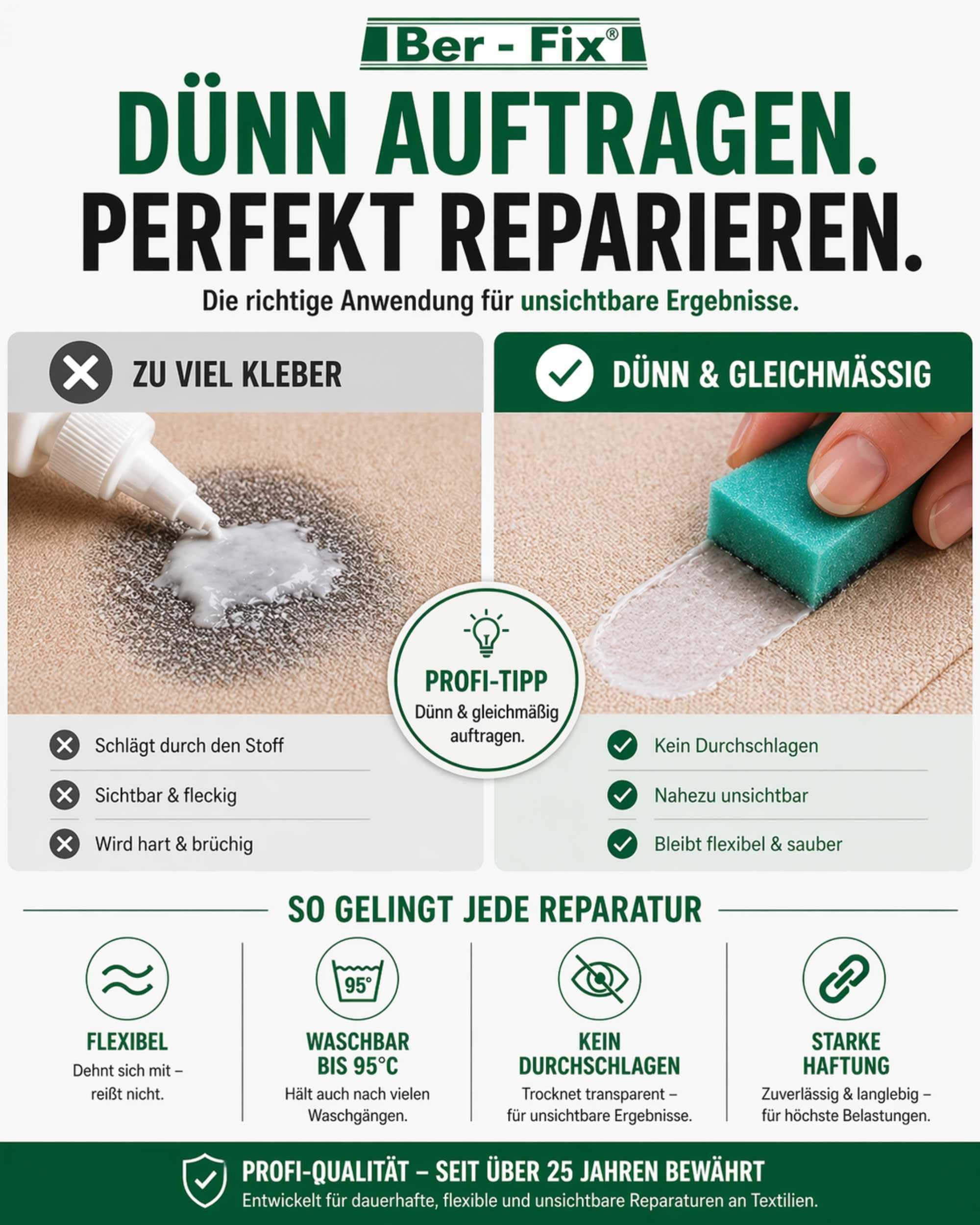 Ber-Fix Textilkleber - Stoff & Markise (40g) | Textilkleber für Stoff, Jeans, Saum, Flicken und Bastelarbeiten; Klebeprobe bei Beschichtung empfohlen.