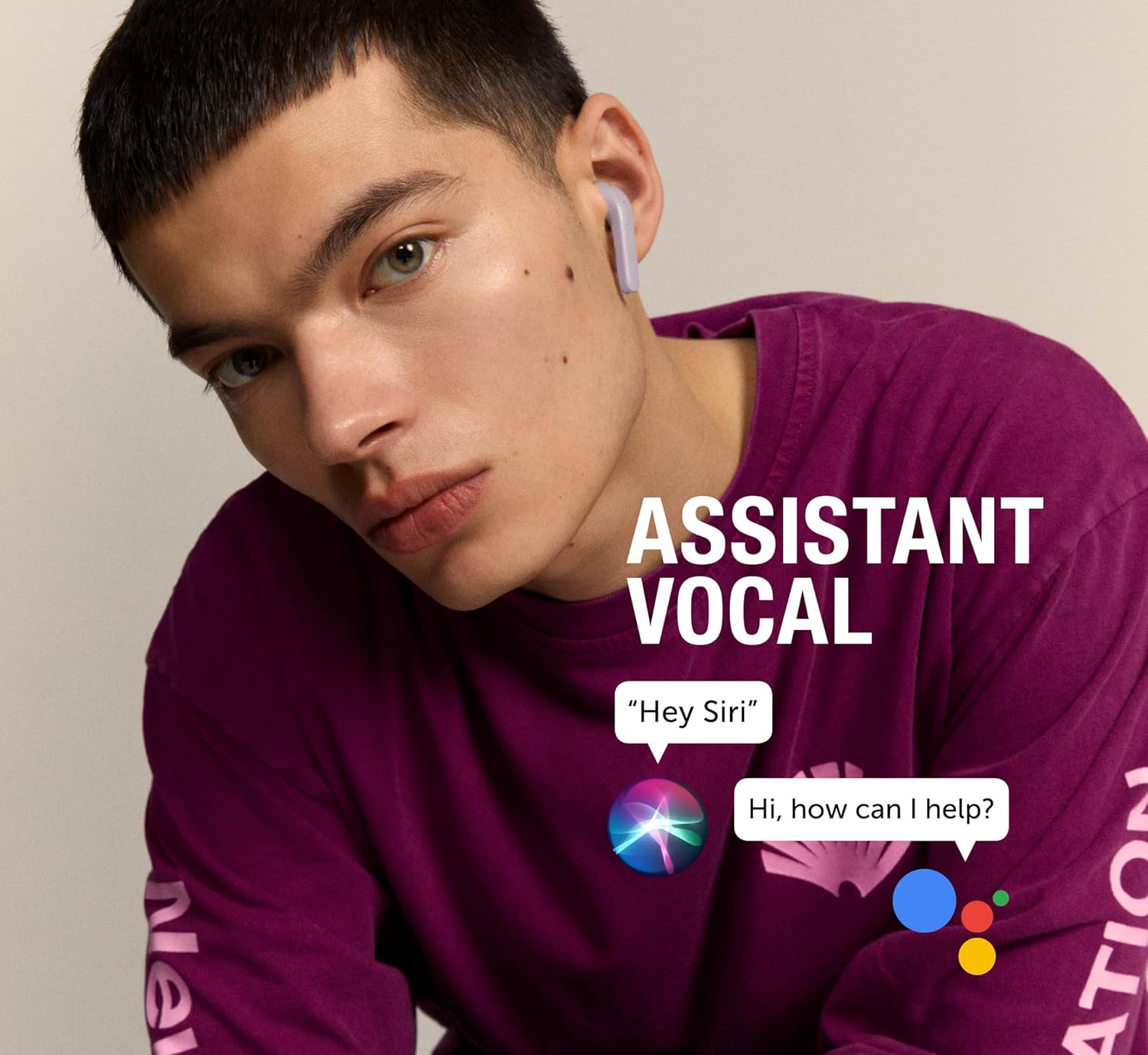 A person using the Fresh 'n Rebel Twins Core earbuds, with icons representing voice assistants like Siri and Google Assistant.