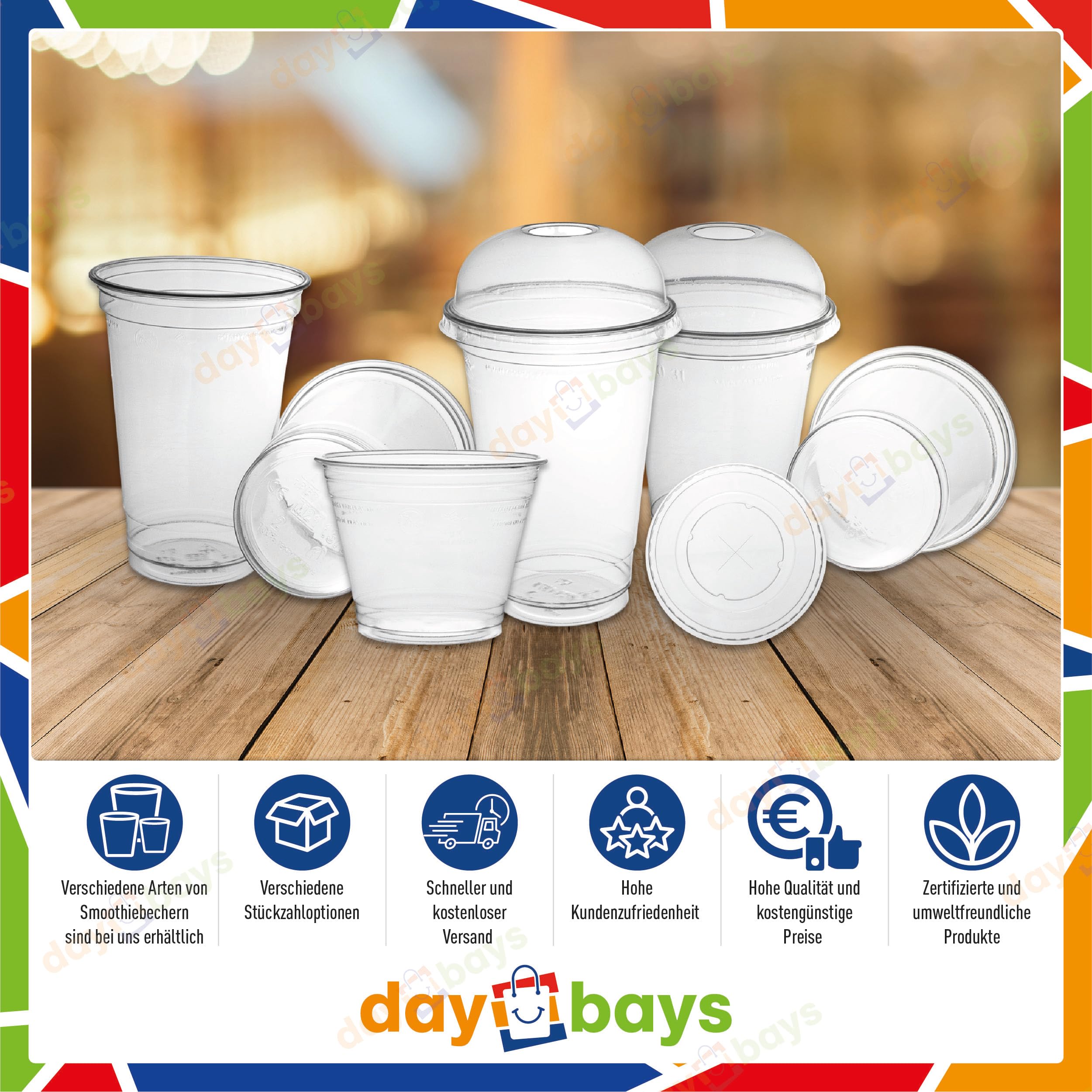 Smoothie Becher to Go 400ml Ø95mm inkl. Domdeckel mit Rundloch 50 Stk. Plastikbecher Trinkbecher Einwegbecher Dessertbecher Eiskaffee Bubble Tea Becher Cocktail Gläser (50, 400ml.)